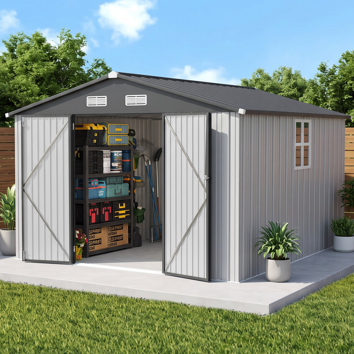 Patioslife YardVault Pro Galvanised Steel Metal Garden Shed with Window, Rust-Resistant Outdoor Tool Shed