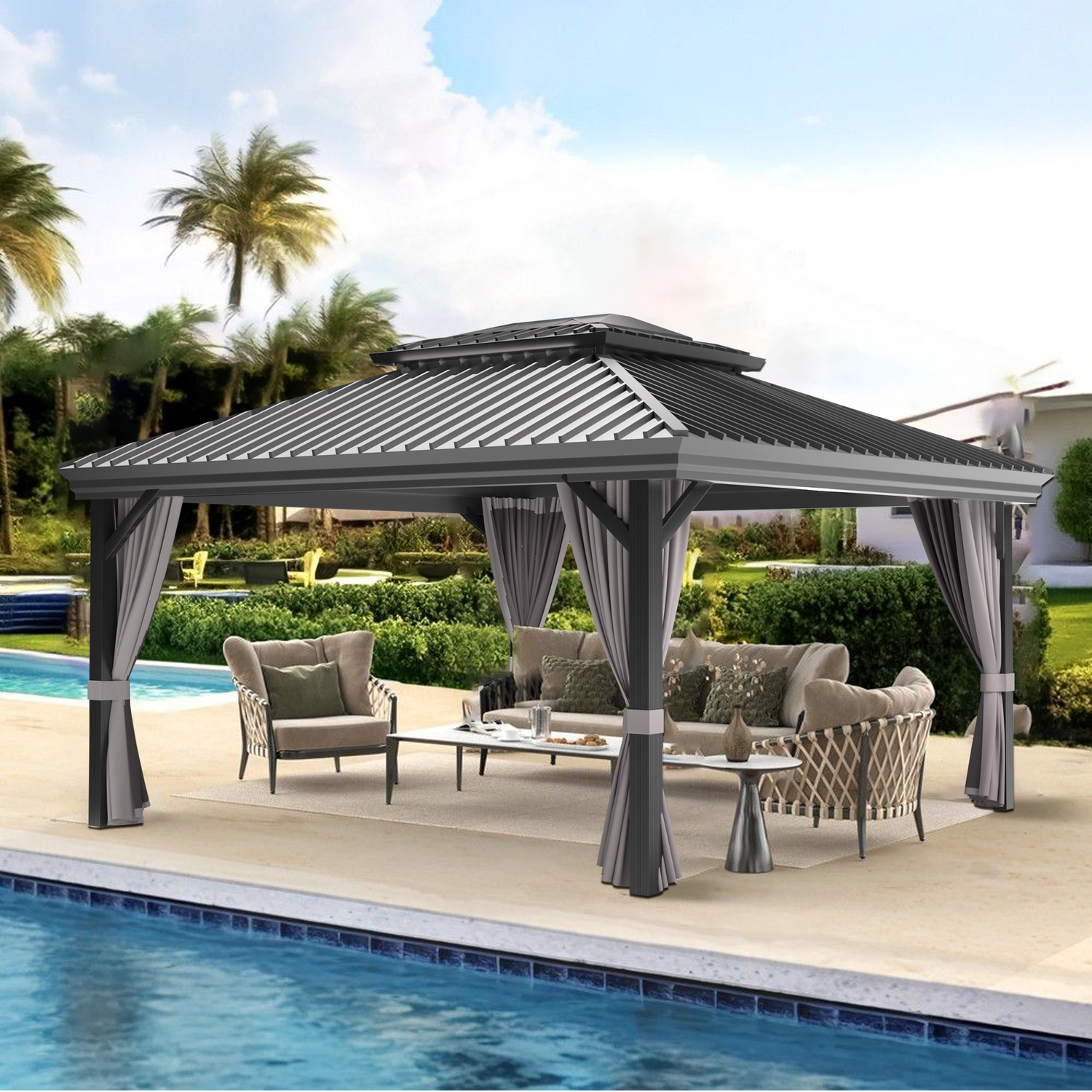 Patioslife™| Hardtop Gazebo with Wood Grain Aluminum Frame, Double Vented Roof & Curtains, Patio Pergola for Garden or Backyard