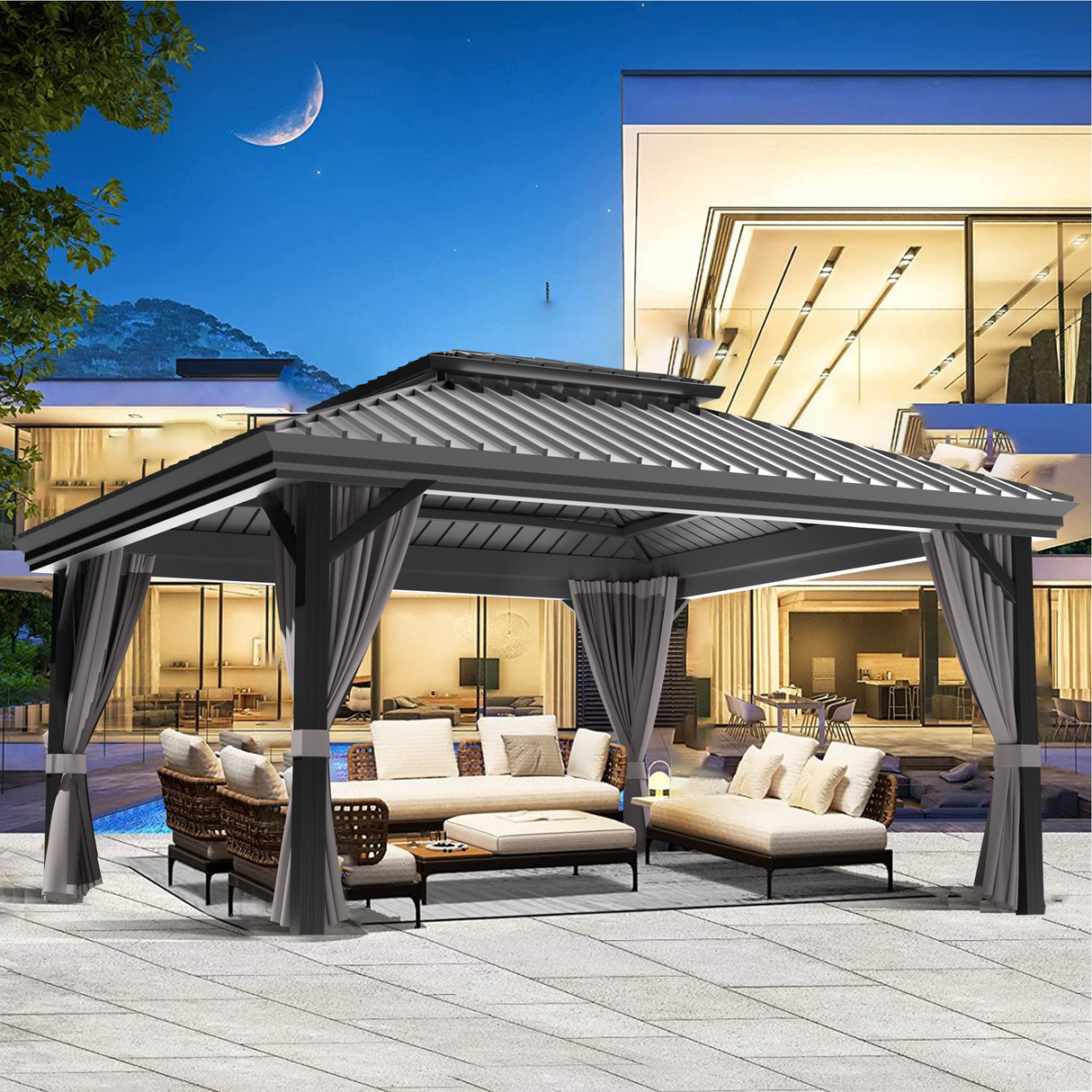 Patioslife Haven,Hardtop Gazebo,Heavy-Duty Aluminium Frame,Double-Vented Roof,Curtains Included,Patio Pergola,Garden Pavilion,Backyard Shelter,Outdoor Entertaining,Weatherproof,Sunshade & Rain Protection,Modern Outdoor Furniture,Luxury Patio Structure,Contemporary Design,Durable Construction,Premium Outdoor Living,