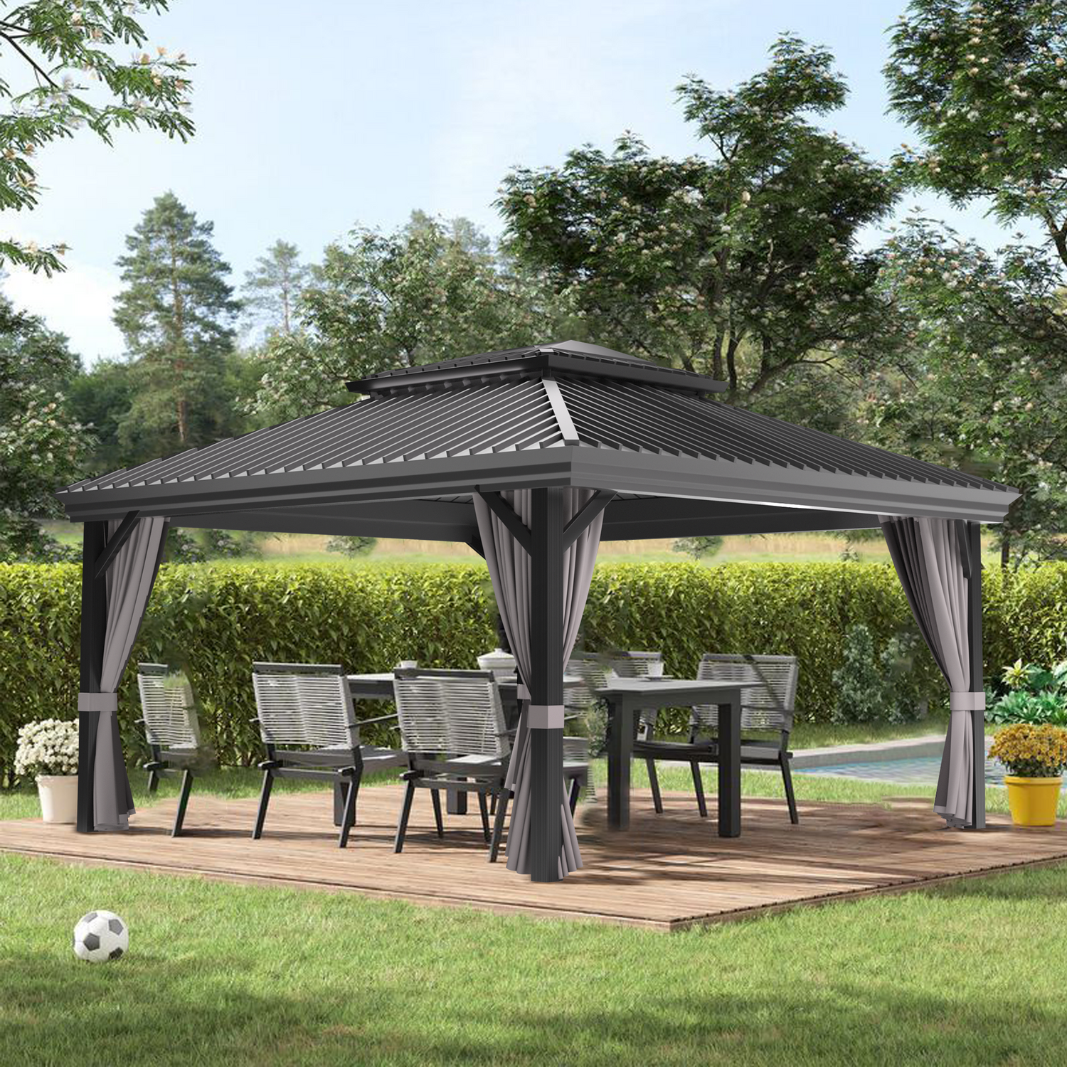 Patioslife™| Hardtop Gazebo with Wood Grain Aluminum Frame, Double Vented Roof & Curtains, Patio Pergola for Garden or Backyard