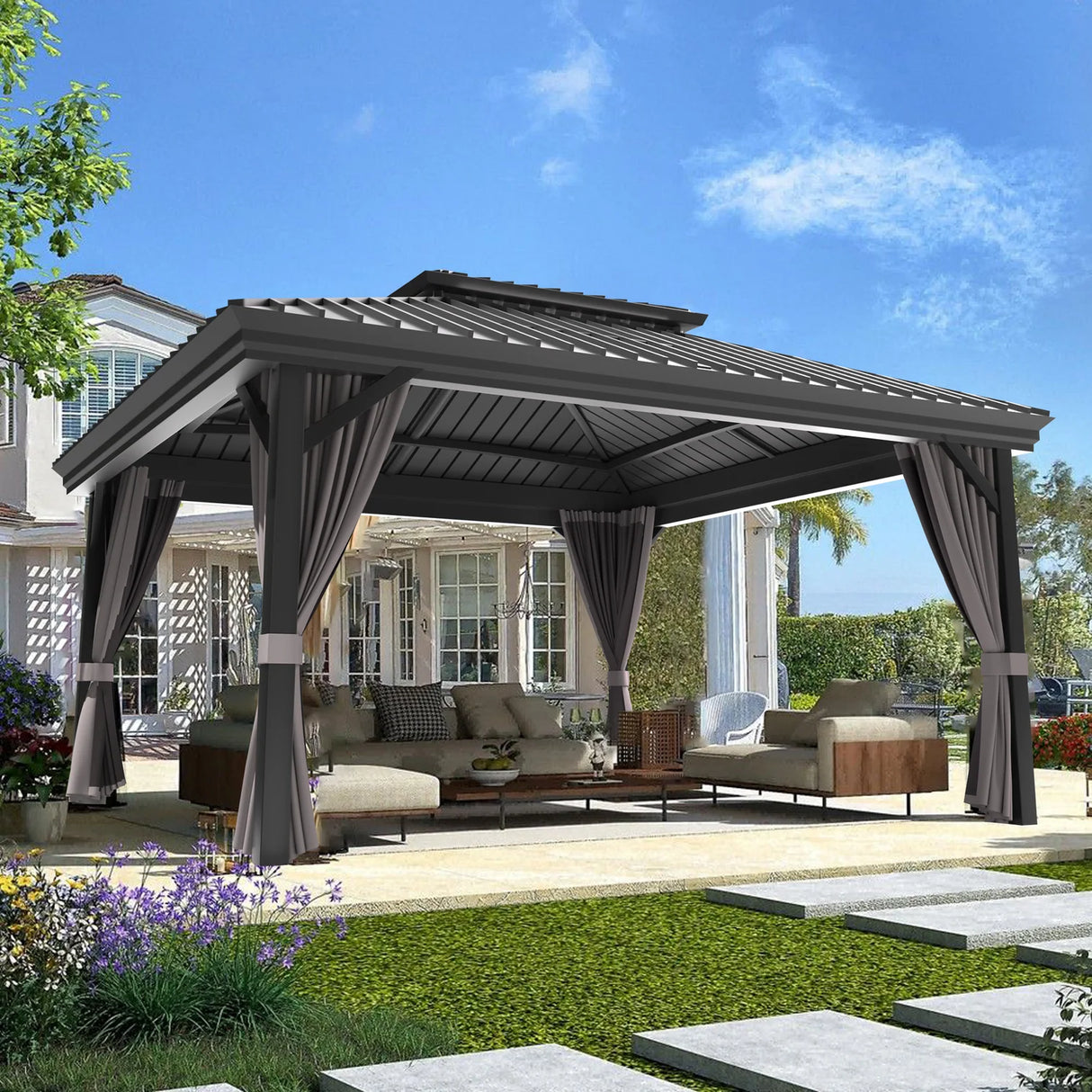 Patioslife Haven,Hardtop Gazebo,3.65x6.10m,Brown Finish,Heavy-Duty Aluminium Frame,Double-Vented Roof,Curtains Included,Patio Pavilion,Garden Pergola,Backyard Shelter,Outdoor Entertaining,Weatherproof,Sunshade & Rain Protection,Modern Outdoor Furniture,Luxury Patio Structure,Contemporary Design,Durable Construction,Premium Outdoor Living