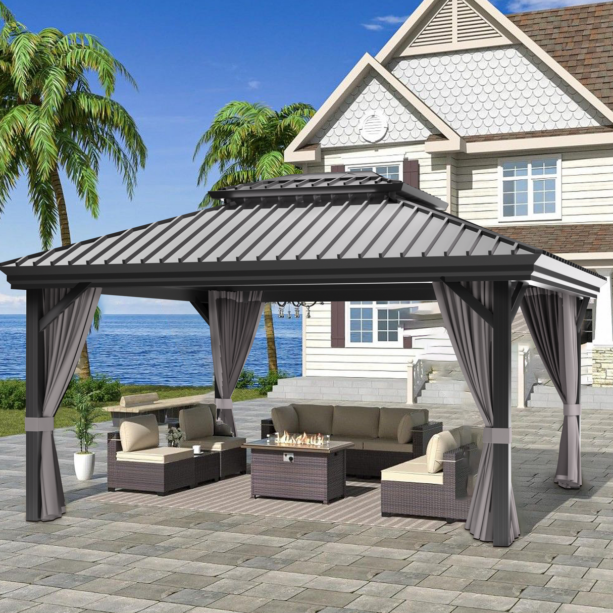 Patioslife™| Hardtop Gazebo with Wood Grain Aluminum Frame, Double Vented Roof & Curtains, Patio Pergola for Garden or Backyard