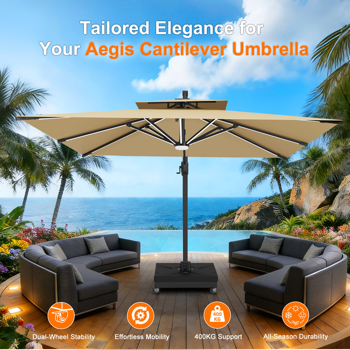 Rolling Cantilever Parasol Base with Lock, Supports Up to 400 kg, Decorative Modular Stand for Aegis Series and Most Offset Garden Parasols, Suitable for Patio, Garden and Poolside Use