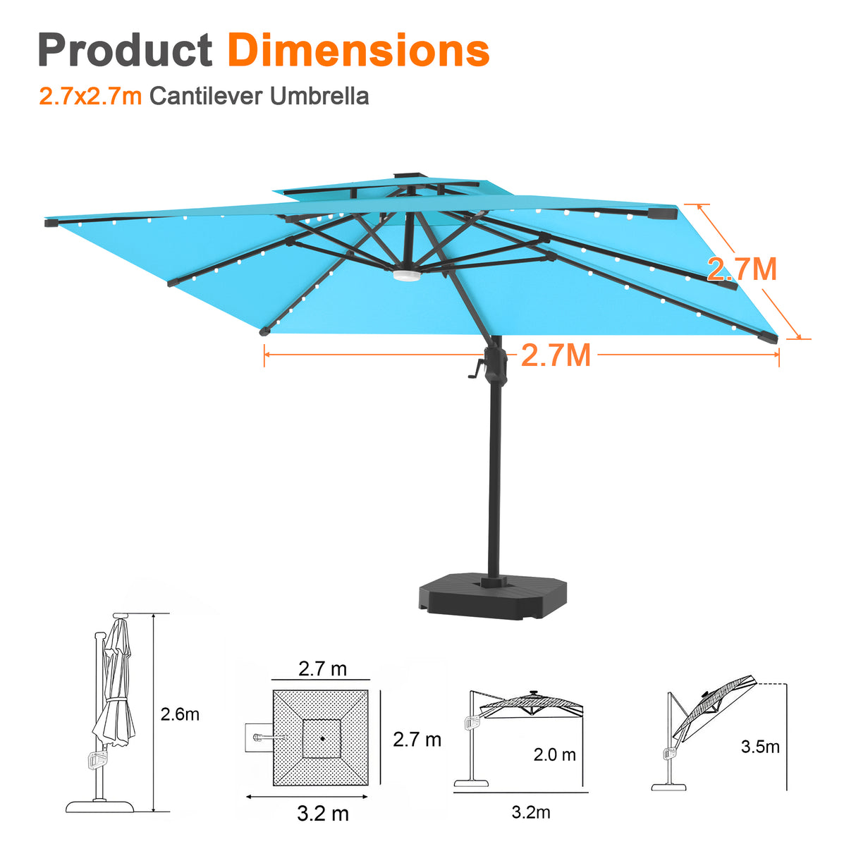 Patioslife Aegis Pro All-weather Cantilever Parasol with LED Lights, Reinforced & Powder-Coated Aluminium Ribs and Pole — Perfect for Garden & Patio