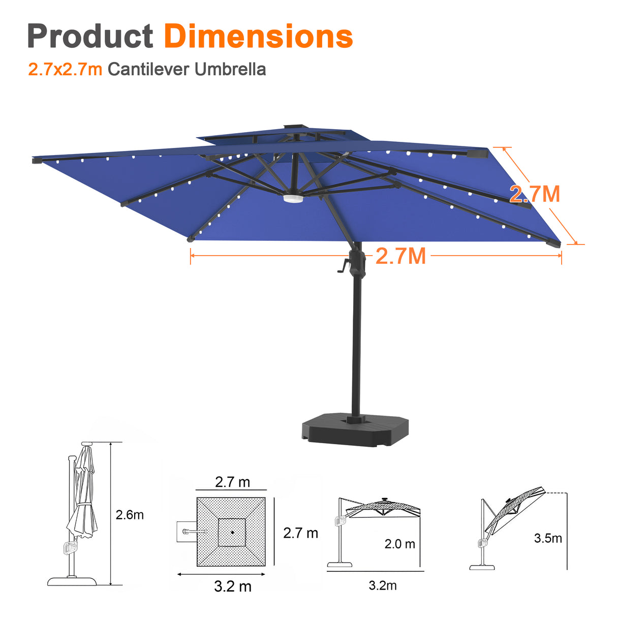 Patioslife Aegis Pro All-weather Cantilever Parasol with LED Lights, Reinforced & Powder-Coated Aluminium Ribs and Pole — Perfect for Garden & Patio