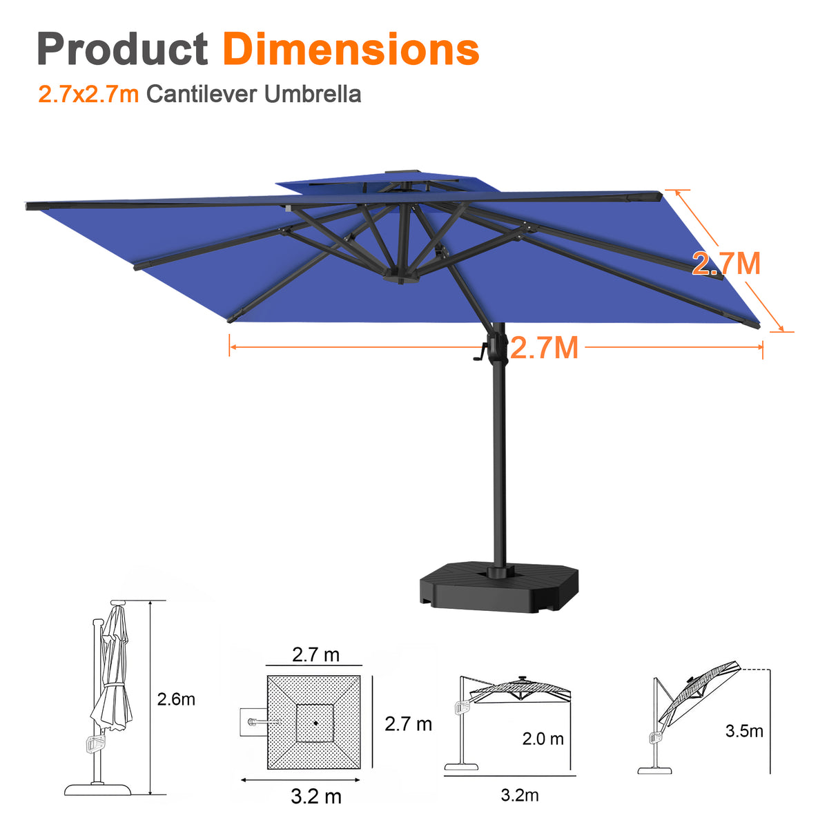 Patioslife Aegis Pro All-weather Cantilever Parasol , Reinforced & Powder-Coated Aluminium Ribs and Pole — Perfect for Garden & Patio