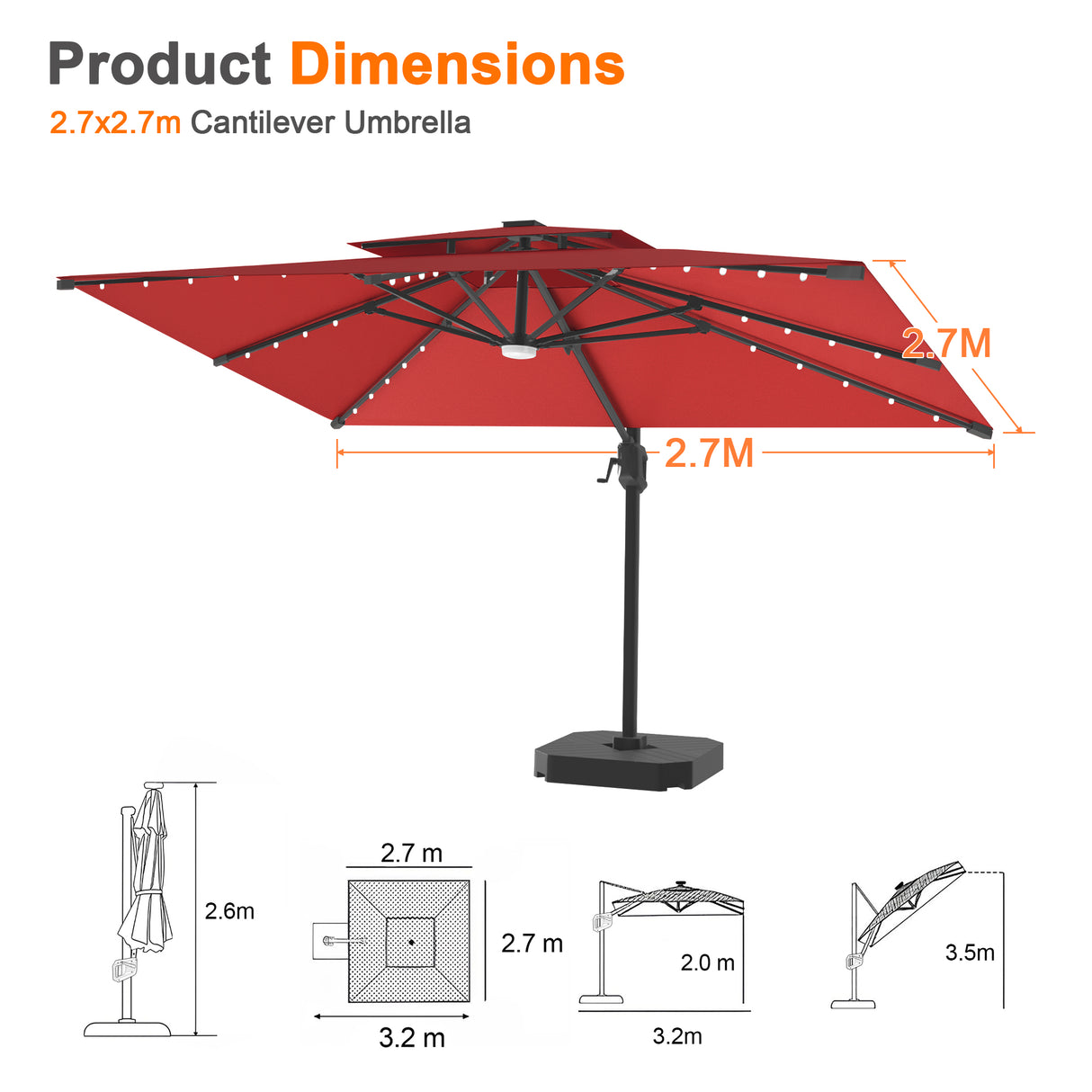 Patioslife Aegis Pro All-weather Cantilever Parasol with LED Lights, Reinforced & Powder-Coated Aluminium Ribs and Pole — Perfect for Garden & Patio