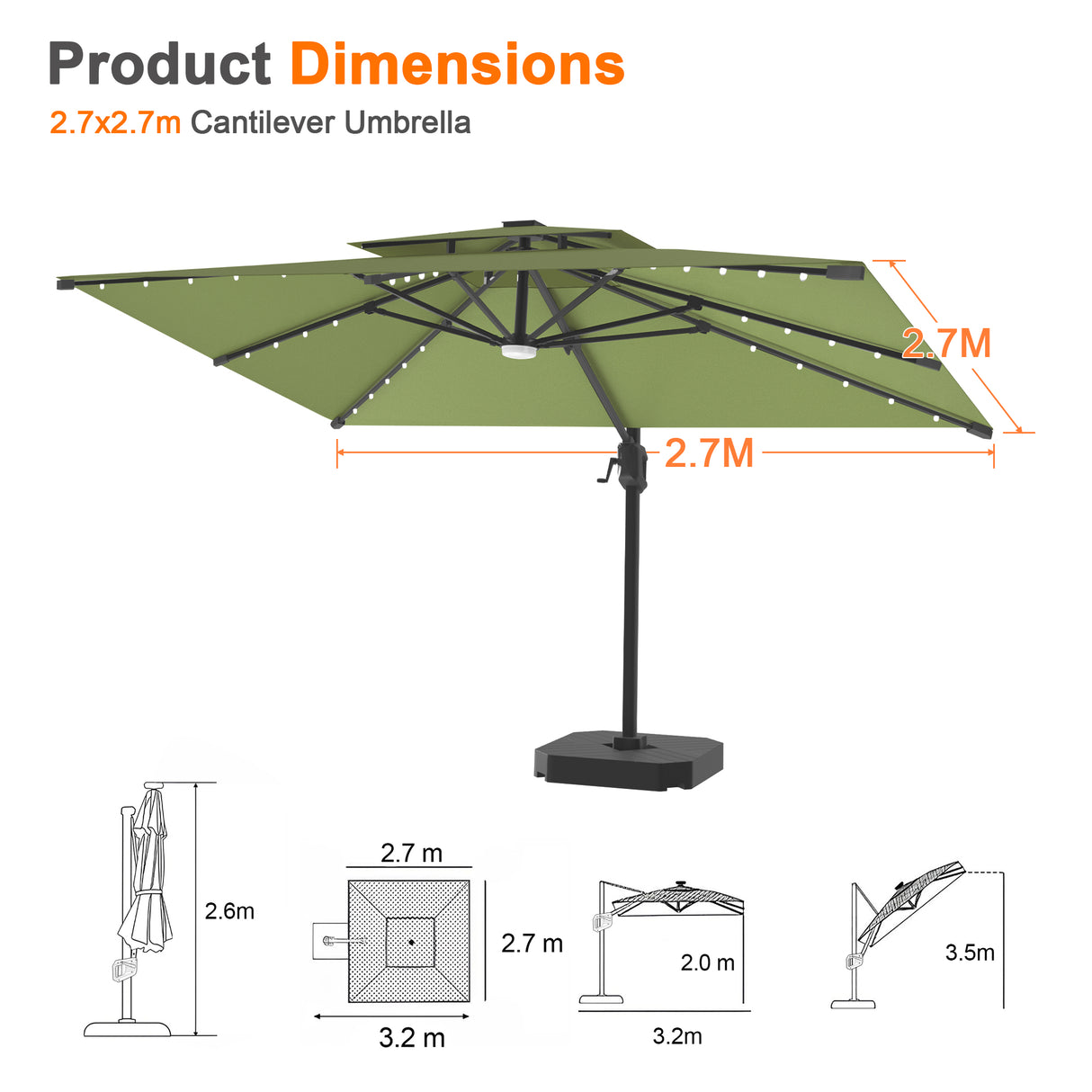 Patioslife Aegis Pro All-weather Cantilever Parasol with LED Lights, Reinforced & Powder-Coated Aluminium Ribs and Pole — Perfect for Garden & Patio