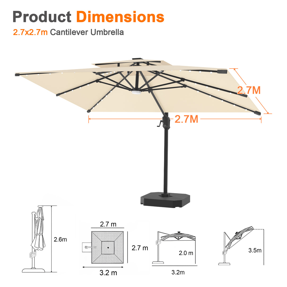 Patioslife Aegis Pro All-weather Cantilever Parasol with LED Lights, Reinforced & Powder-Coated Aluminium Ribs and Pole — Perfect for Garden & Patio