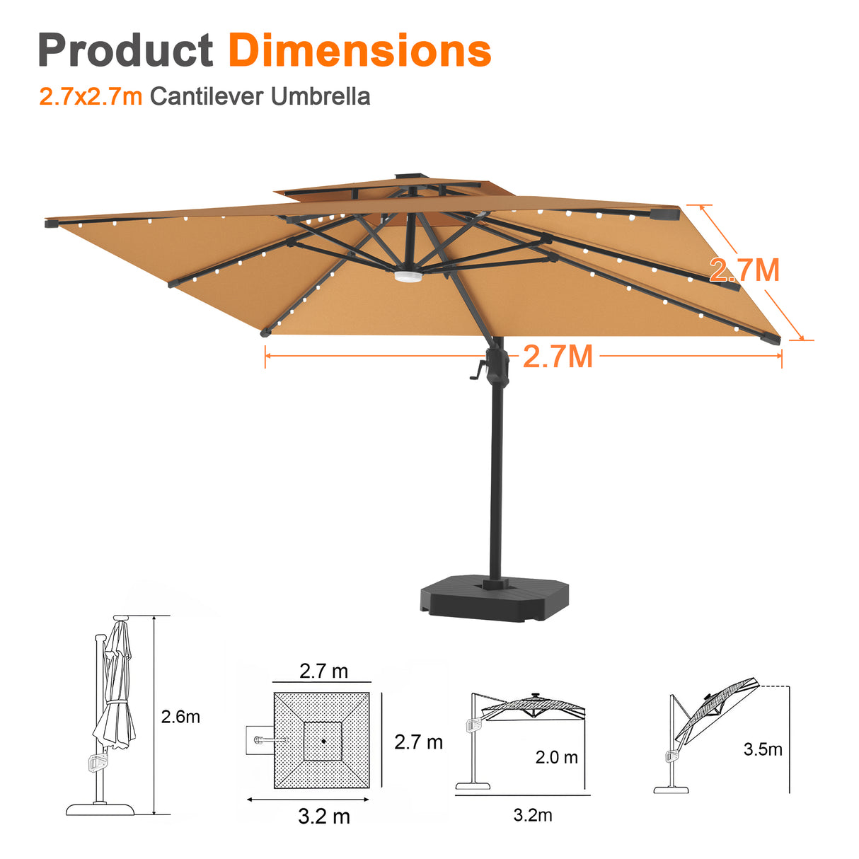 Patioslife Aegis Pro All-weather Cantilever Parasol with LED Lights, Reinforced & Powder-Coated Aluminium Ribs and Pole — Perfect for Garden & Patio
