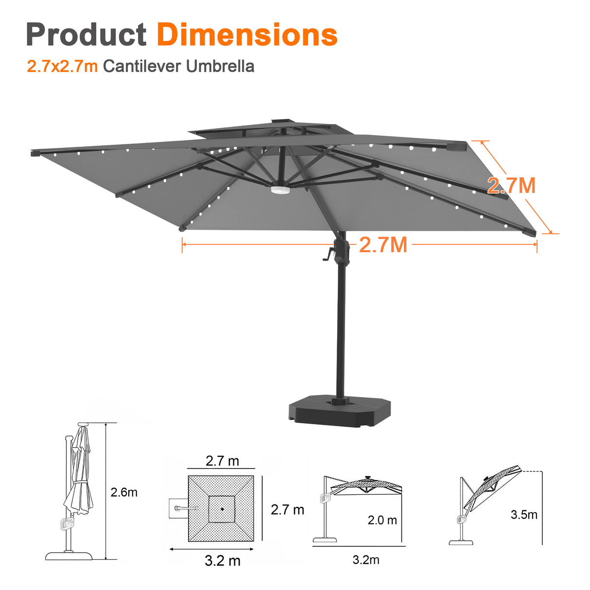 Patioslife Aegis Pro All-weather Cantilever Parasol with LED Lights, Reinforced & Powder-Coated Aluminium Ribs and Pole — Perfect for Garden & Patio