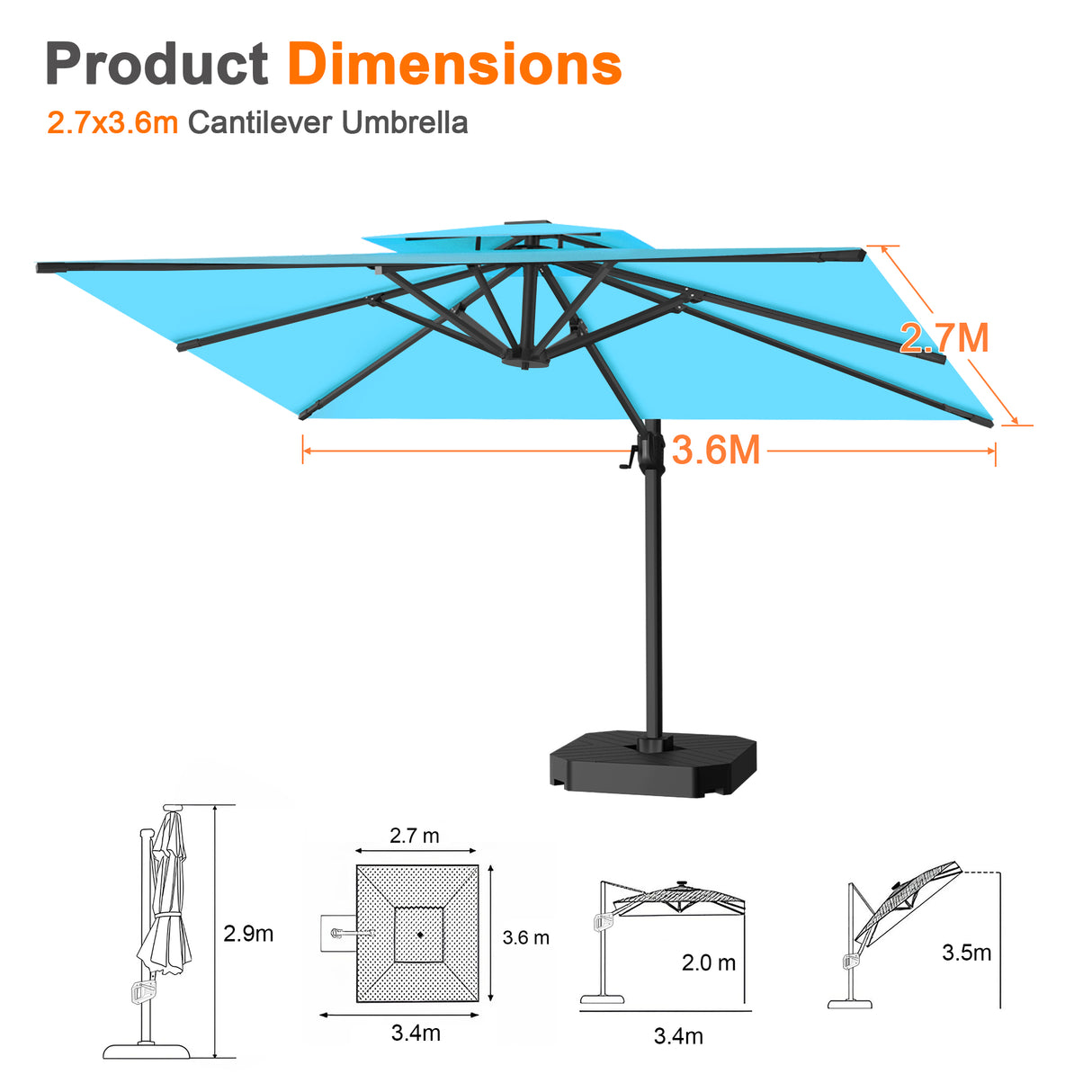 Patioslife Aegis Pro All-weather Cantilever Parasol , Reinforced & Powder-Coated Aluminium Ribs and Pole — Perfect for Garden & Patio