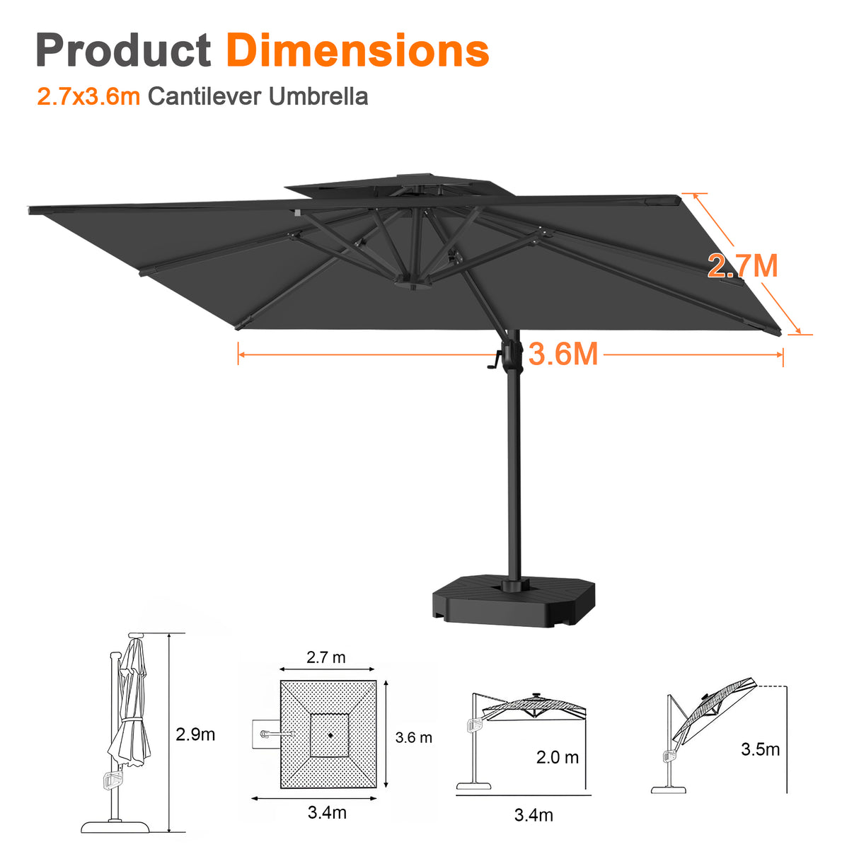 Patioslife Aegis Pro All-weather Cantilever Parasol , Reinforced & Powder-Coated Aluminium Ribs and Pole — Perfect for Garden & Patio