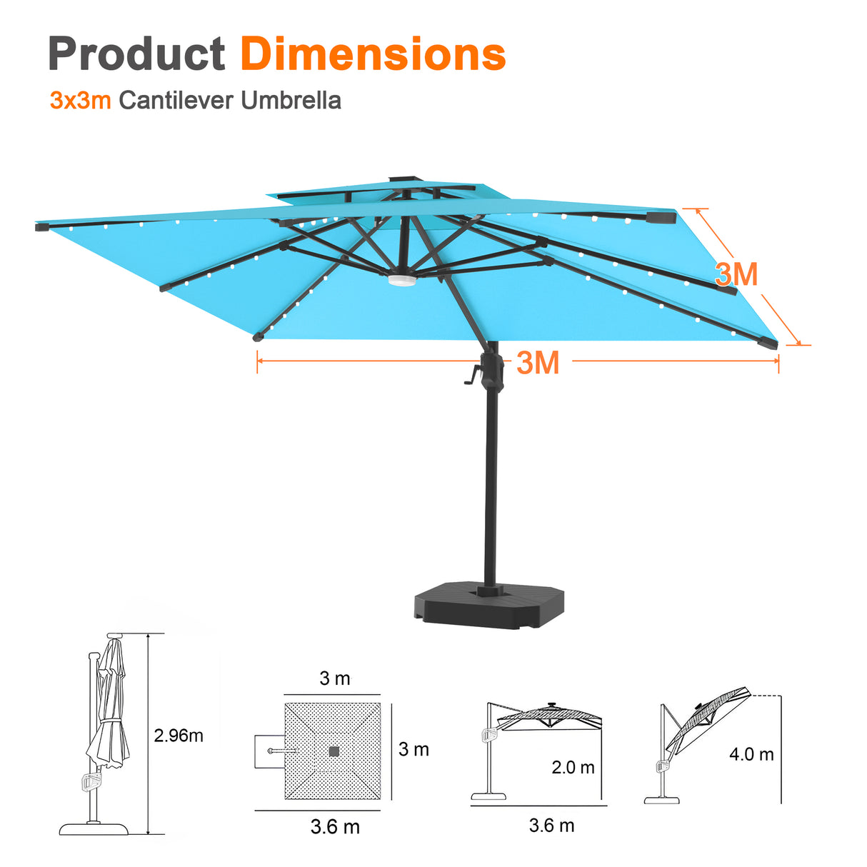 Patioslife Aegis Pro All-weather Cantilever Parasol with LED Lights, Reinforced & Powder-Coated Aluminium Ribs and Pole — Perfect for Garden & Patio