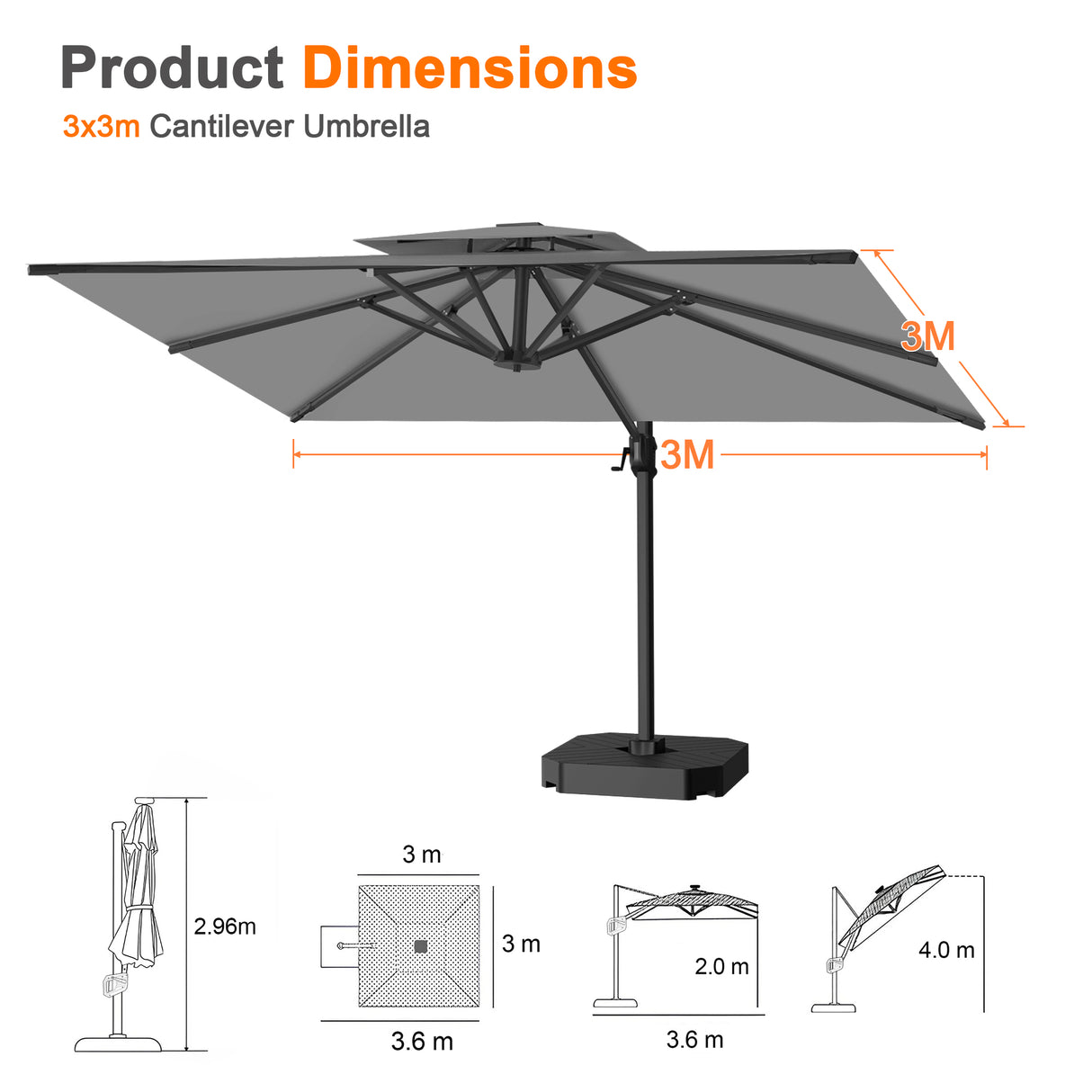 Patioslife Aegis Pro All-weather Cantilever Parasol , Reinforced & Powder-Coated Aluminium Ribs and Pole — Perfect for Garden & Patio