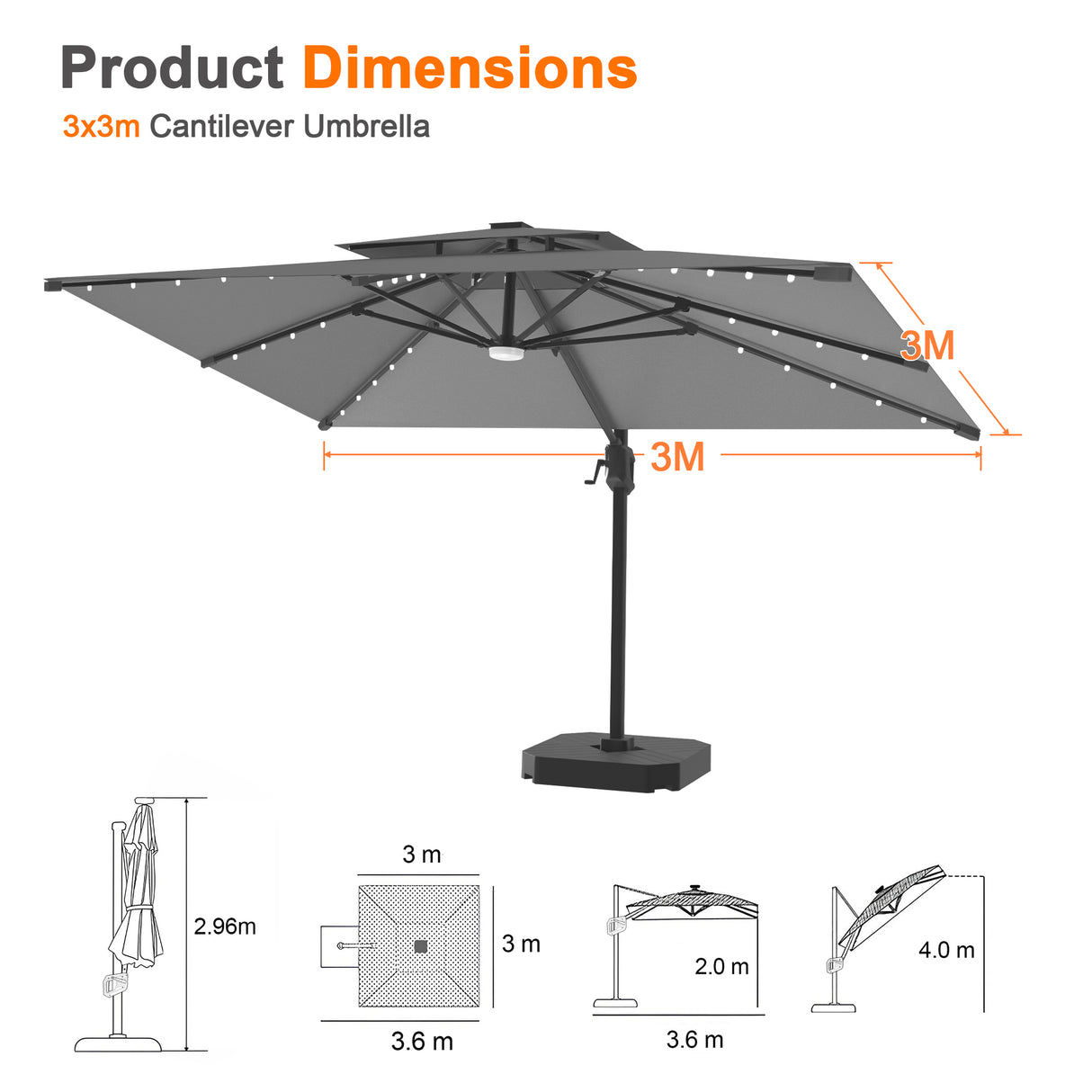 Patioslife Aegis Pro All-weather Cantilever Parasol with LED Lights, Reinforced & Powder-Coated Aluminium Ribs and Pole — Perfect for Garden & Patio