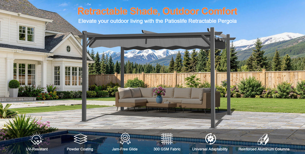 Patioslife Atlantic Retractable Pergola with Adjustable Canopy — Heavy-Duty Outdoor Shade Structure