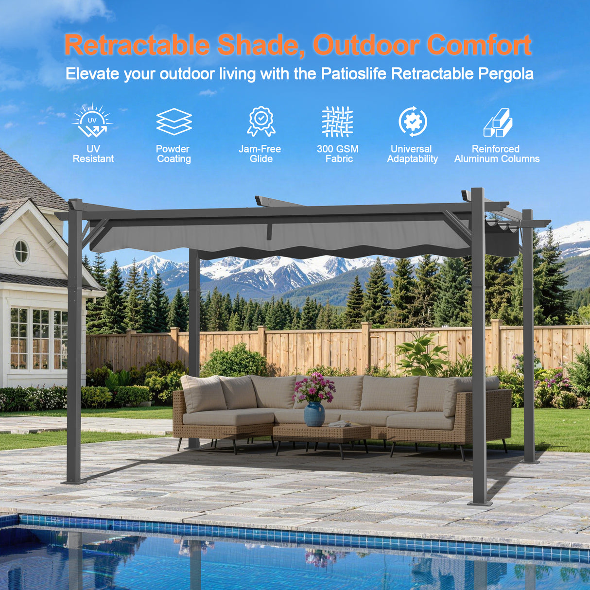 Patioslife Atlantic Retractable Pergola with Adjustable Canopy — Heavy-Duty Outdoor Shade Structure