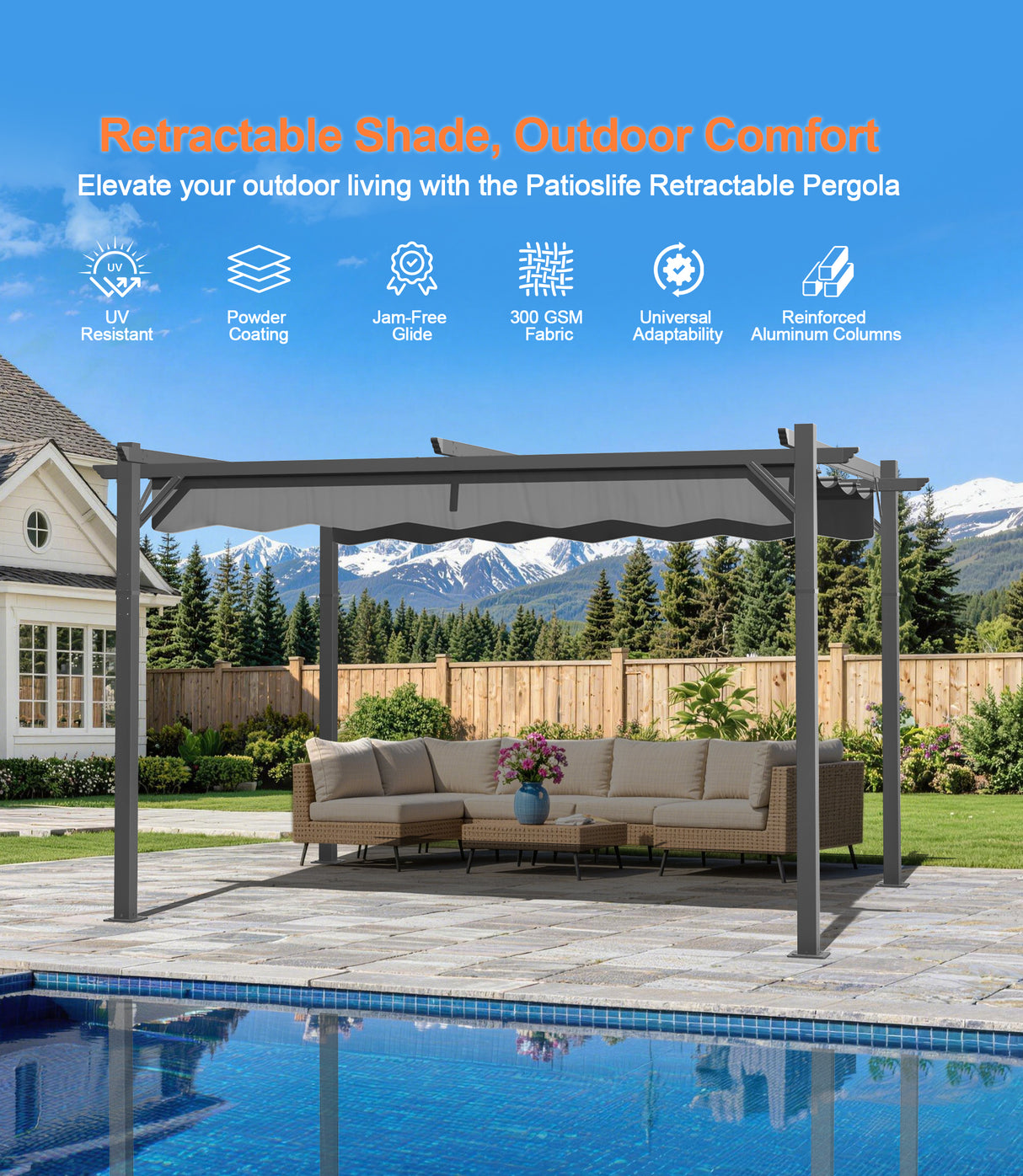 Patioslife Atlantic Retractable Pergola with Adjustable Canopy — Heavy-Duty Outdoor Shade Structure
