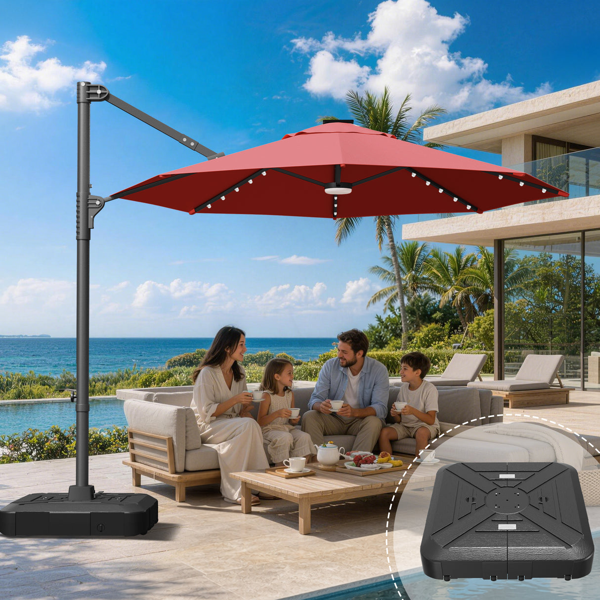 Patioslife Aegis Pro Round Cantilever Patio Umbrella with Solar LED Lights & Shade Protection