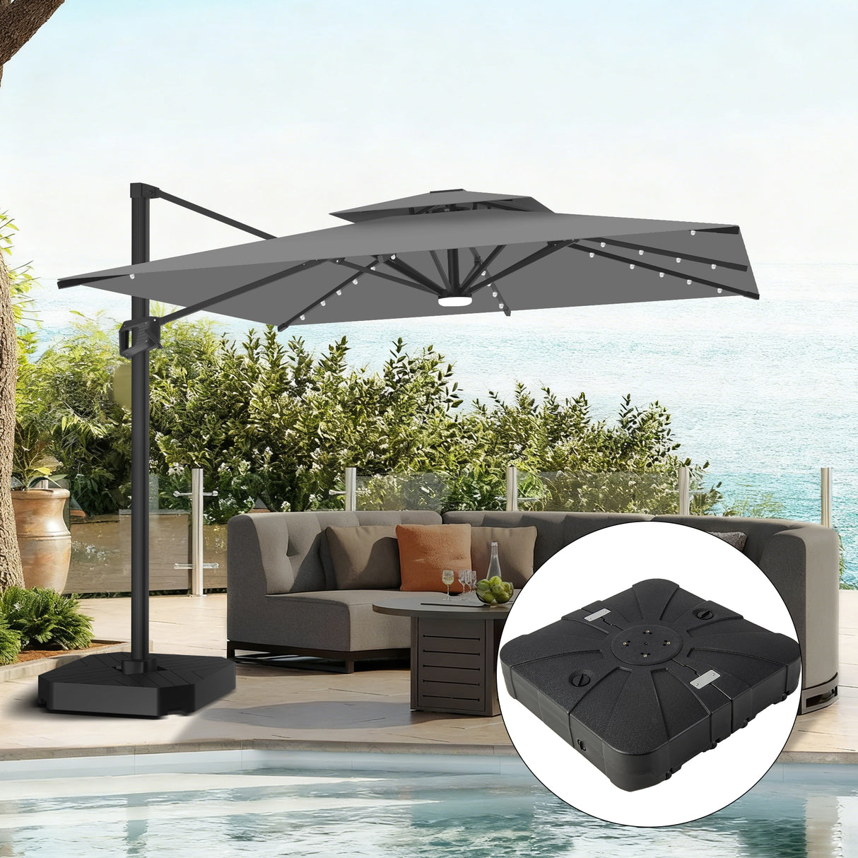 Patioslife Aegis Pro All-weather Cantilever Parasol with LED Lights, Reinforced & Powder-Coated Aluminium Ribs and Pole — Perfect for Garden & Patio