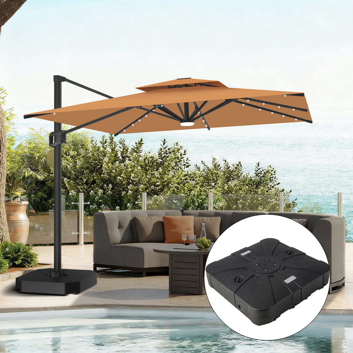 Patioslife Aegis Pro All-weather Cantilever Parasol with LED Lights, Reinforced & Powder-Coated Aluminium Ribs and Pole — Perfect for Garden & Patio