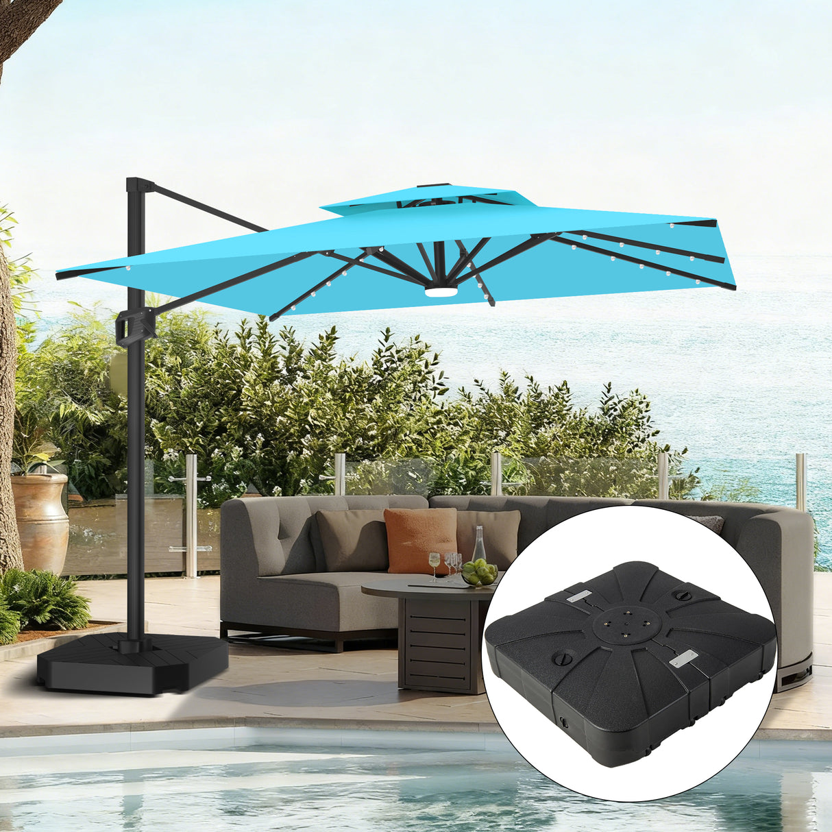 Patioslife Aegis Pro All-weather Cantilever Parasol with LED Lights, Reinforced & Powder-Coated Aluminium Ribs and Pole — Perfect for Garden & Patio