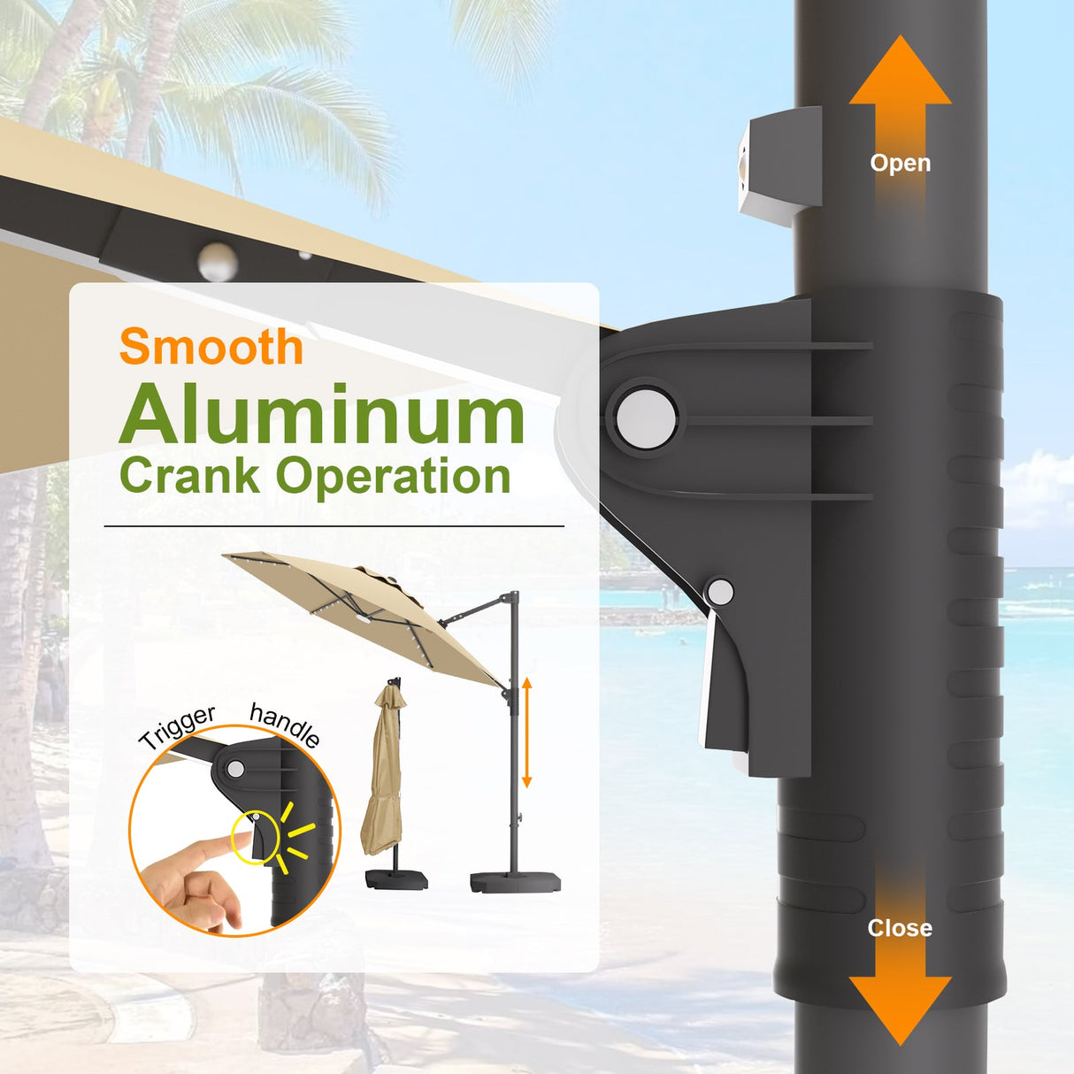 Patioslife Aegis Pro™,Round Cantilever Parasol,All-in-One Shade,Solar LED Lights,Premium Protective Cover,Large Base,Patio Umbrella,Garden Parasol,Outdoor Sunshade,Weatherproof,UV Protection,Adjustable Angle,Modern Outdoor Furniture,Luxury Patio Accessory,Contemporary Design,Premium Outdoor Living
,smooth aluminum crank operation