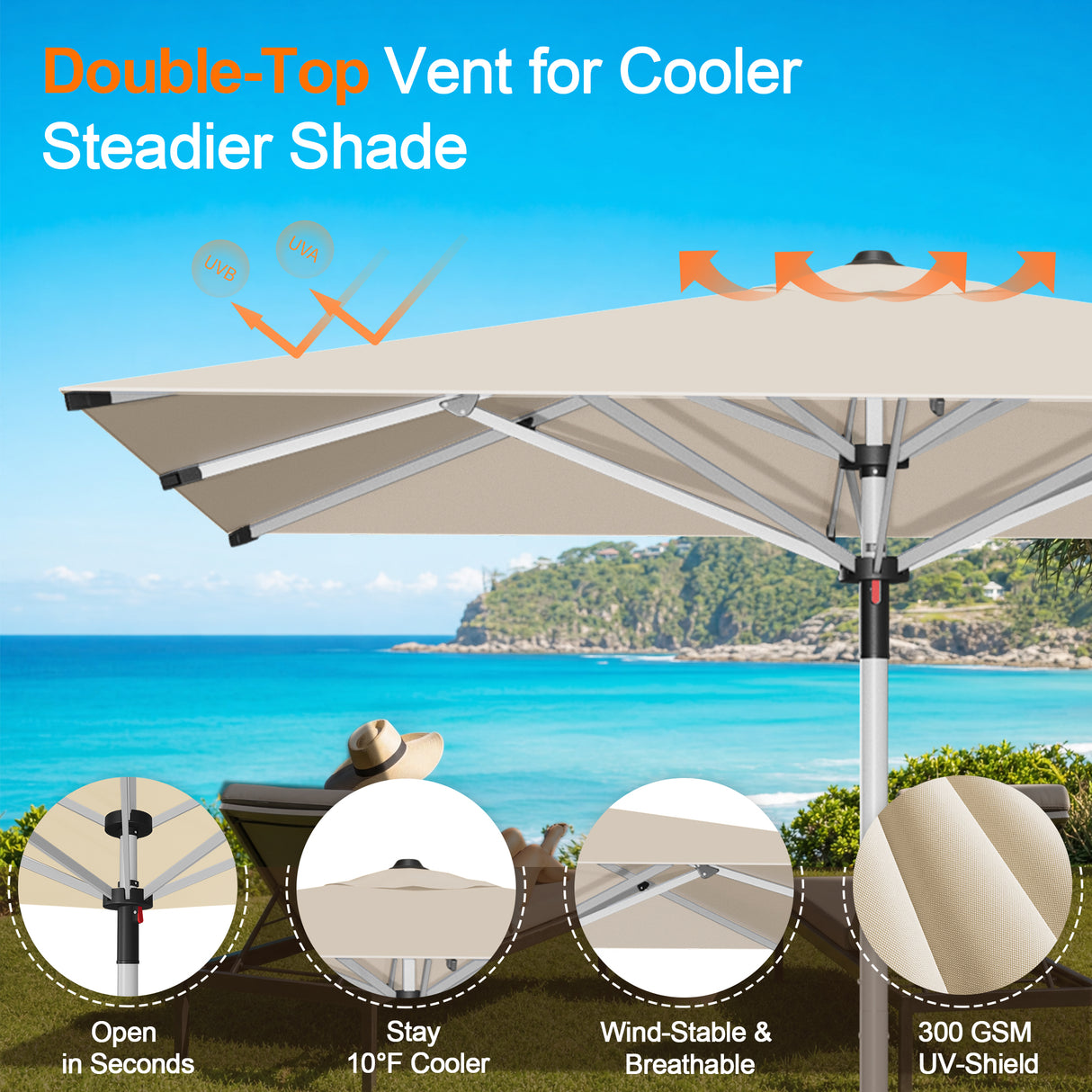 Patioslife Garden Parasol — Square & Round | Heavy-Duty Aluminium Pole, Double Vent Canopy | 2.7m, 3m & 3.35m