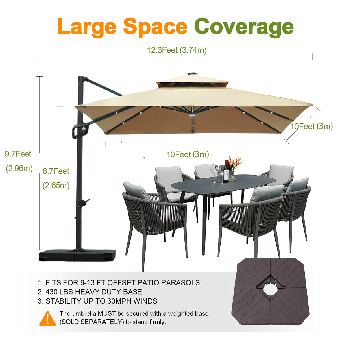 Patioslife Aegis Pro™,Cantilever Parasol,LED Lights,Reinforced Aluminium Ribs,Powder-Coated Aluminium Pole,Garden Umbrella,Patio Shade,Outdoor Sunshade,Weatherproof,UV Protection,Adjustable Angle,Modern Outdoor Furniture,Contemporary Design,Luxury Patio Accessory,Premium Outdoor Living,large space coverage