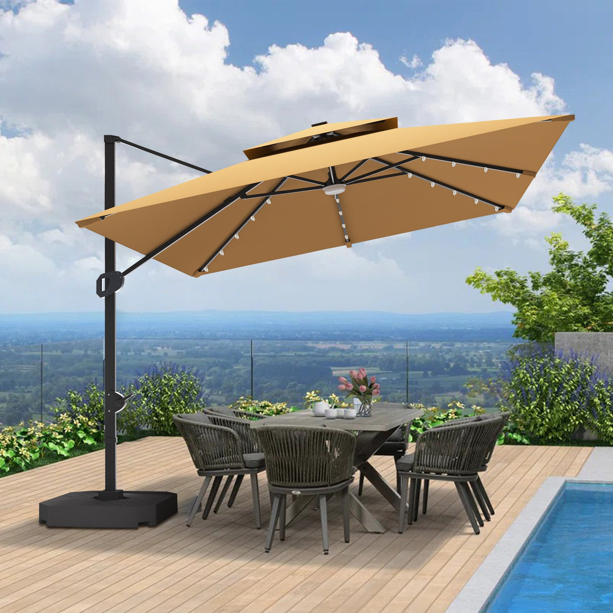 Patioslife Aegis Pro™,Cantilever Parasol,LED Lights,Reinforced Aluminium Ribs,Powder-Coated Aluminium Pole,Garden Umbrella,Patio Shade,Outdoor Sunshade,Weatherproof,UV Protection,Adjustable Angle,Modern Outdoor Furniture,Contemporary Design,Luxury Patio Accessory,Premium Outdoor Living