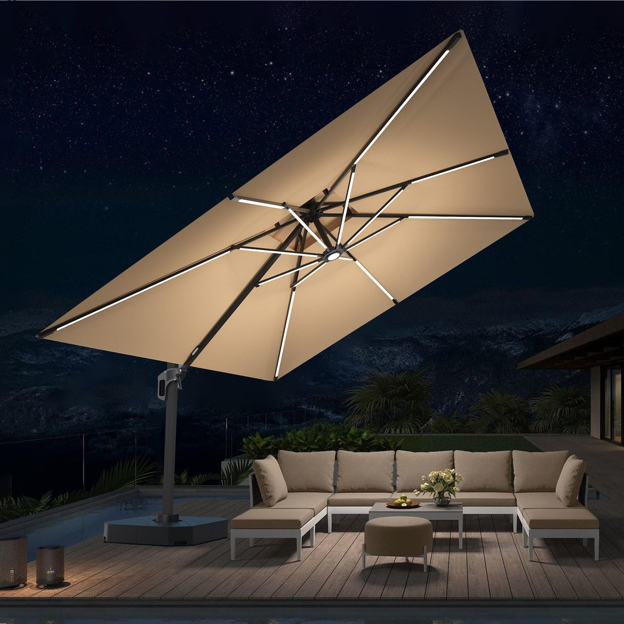 Patioslife Aegis,Cantilever Parasol,LED Strip Lights,Fibreglass Ribs,Powder-Coated Aluminium Pole,Luxury Garden Shade,Patio Umbrella,Outdoor Sunshade,Modern Outdoor Furniture,Weatherproof,UV Protection,Adjustable Angle,Contemporary Design,Premium Outdoor Living