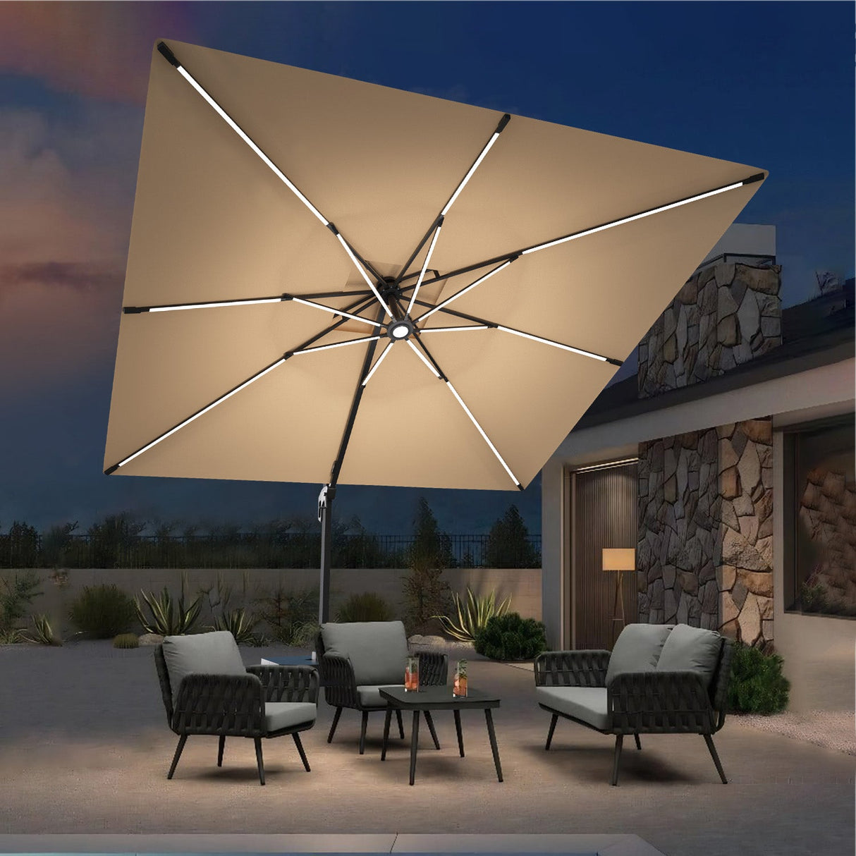 Patioslife Aegis,Cantilever Parasol,LED Strip Lights,Fibreglass Ribs,Powder-Coated Aluminium Pole,Luxury Garden Shade,Patio Umbrella,Outdoor Sunshade,Modern Outdoor Furniture,Weatherproof,UV Protection,Adjustable Angle,Contemporary Design,Premium Outdoor Living