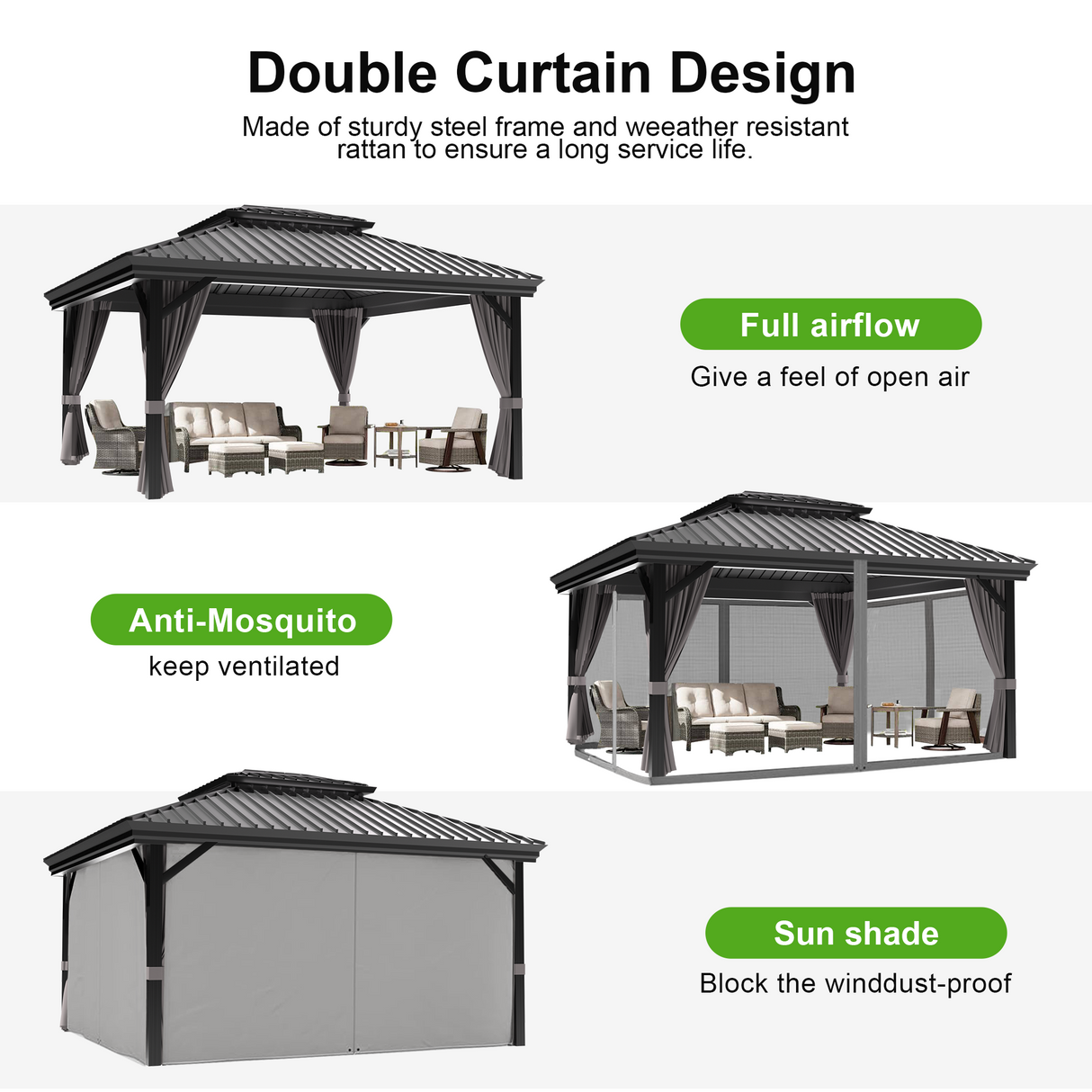 Patioslife Haven,Hardtop Gazebo,3.65x4.8m,Brown Finish,Heavy-Duty Aluminium Frame,Double-Vented Roof,Curtains Included,Patio Pavilion,Garden Pergola,Backyard Shelter,Outdoor Entertaining,Weatherproof,Sunshade & Rain Protection,Modern Outdoor Furniture,Luxury Patio Structure,Contemporary Design,Durable Construction,Premium Outdoor Living