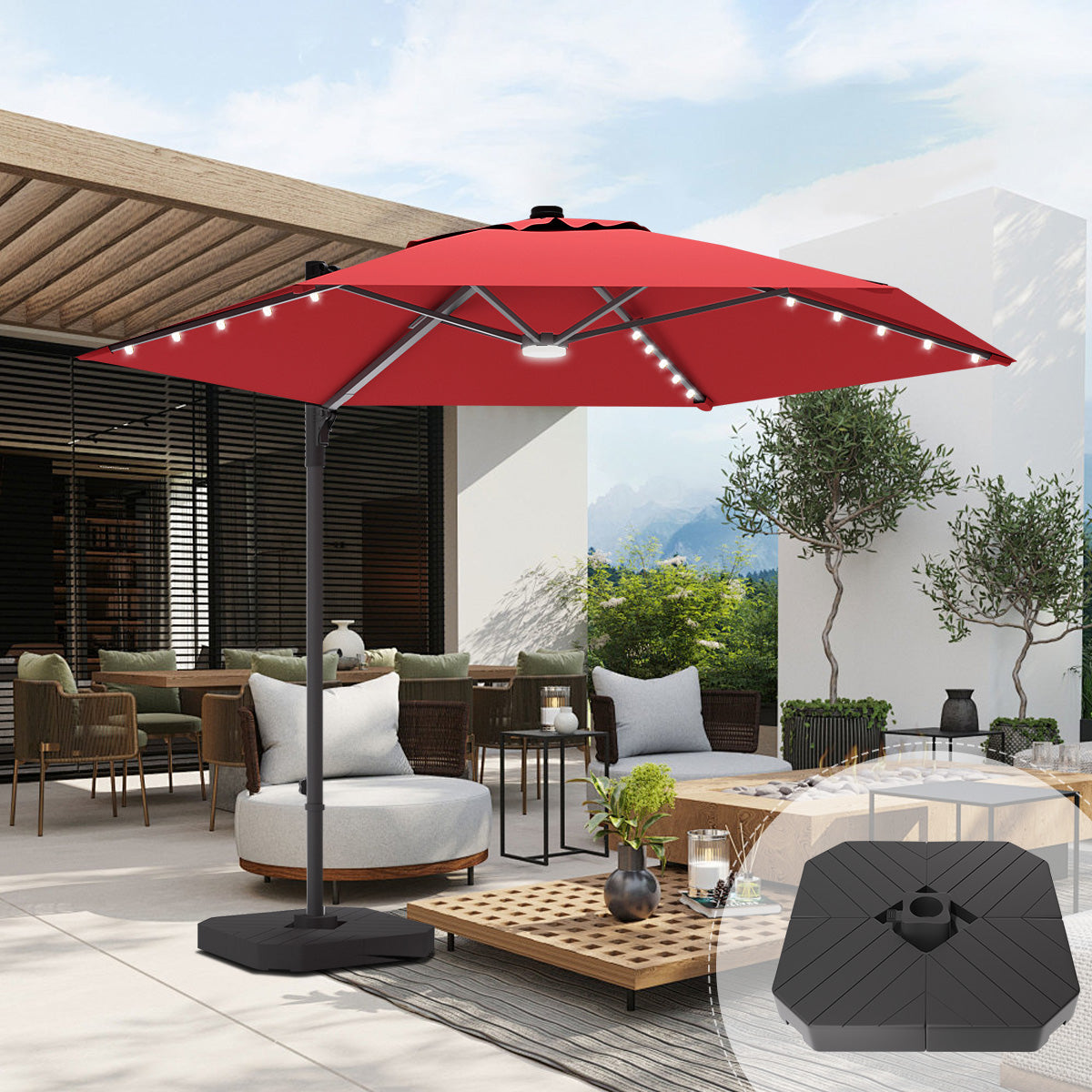 Patioslife Aegis Pro™,Round Cantilever Parasol,All-in-One Shade,Solar LED Lights,Premium Protective Cover,Large Base,Patio Umbrella,Garden Parasol,Outdoor Sunshade,Weatherproof,UV Protection,Adjustable Angle,Modern Outdoor Furniture,Luxury Patio Accessory,Contemporary Design,Premium Outdoor Living
,red,base