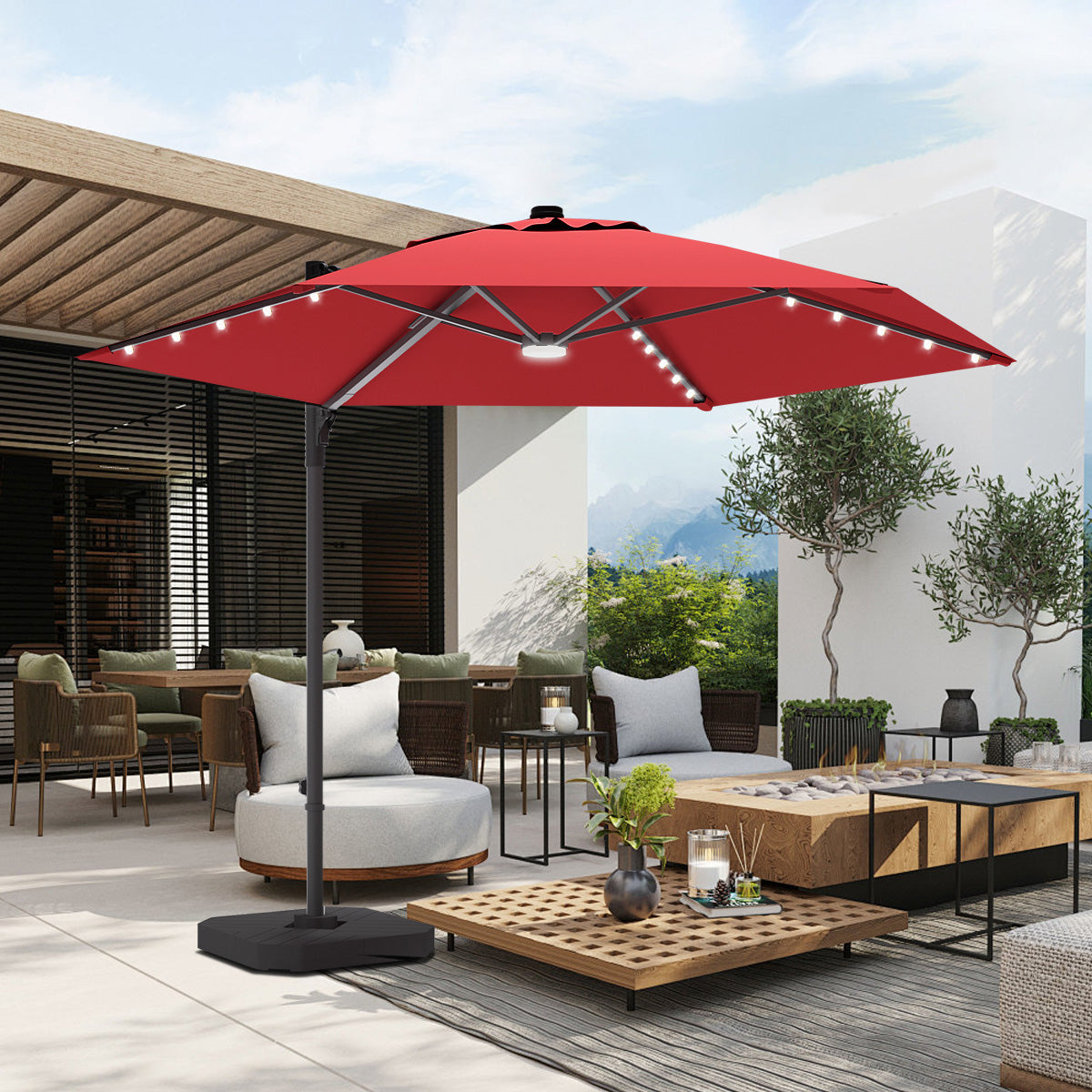 Patioslife Aegis Pro™,Round Cantilever Parasol,All-in-One Shade,Solar LED Lights,Premium Protective Cover,Large Base,Patio Umbrella,Garden Parasol,Outdoor Sunshade,Weatherproof,UV Protection,Adjustable Angle,Modern Outdoor Furniture,Luxury Patio Accessory,Contemporary Design,Premium Outdoor Living
,red