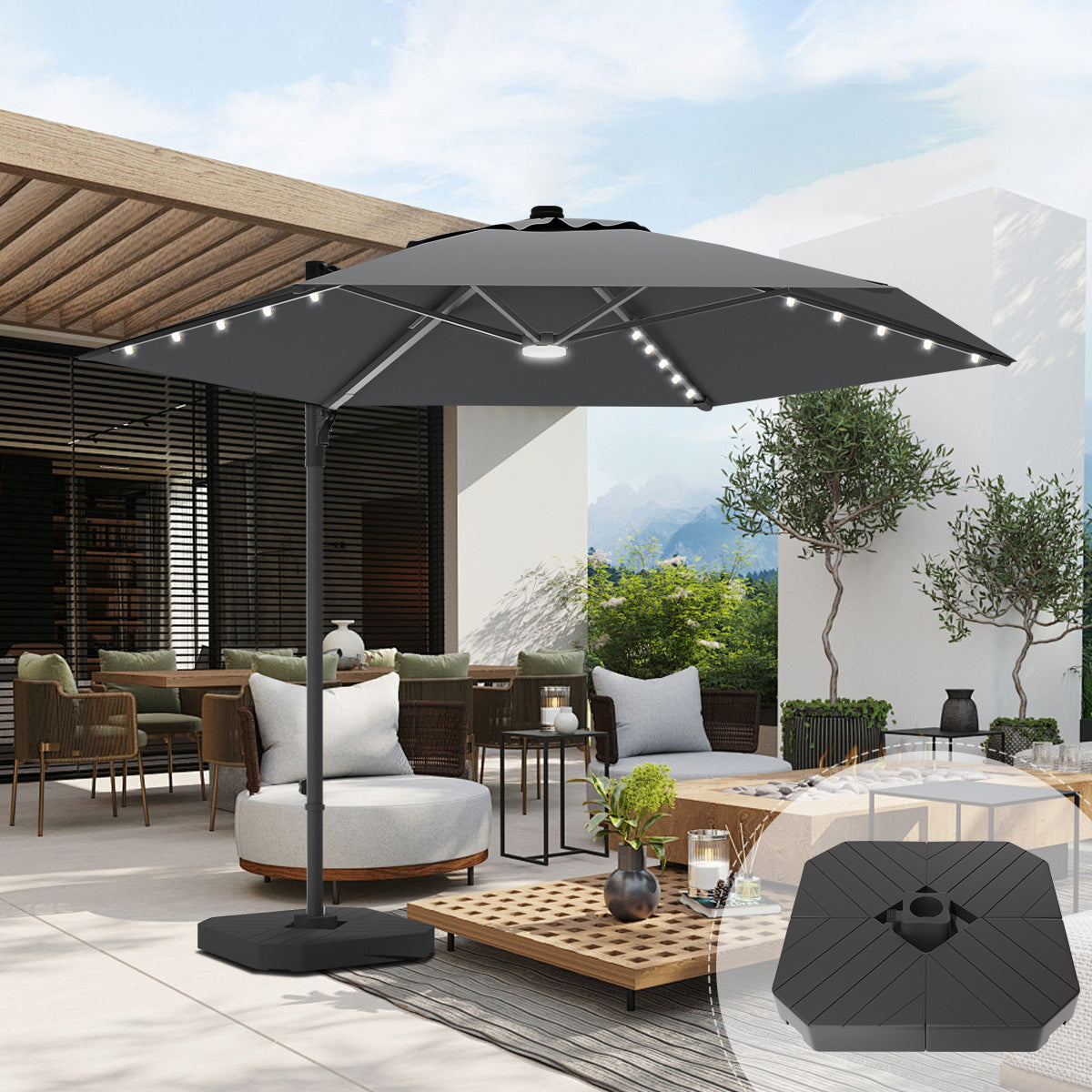 Patioslife Aegis Pro™,Round Cantilever Parasol,All-in-One Shade,Solar LED Lights,Premium Protective Cover,Large Base,Patio Umbrella,Garden Parasol,Outdoor Sunshade,Weatherproof,UV Protection,Adjustable Angle,Modern Outdoor Furniture,Luxury Patio Accessory,Contemporary Design,Premium Outdoor Living
,grey,base