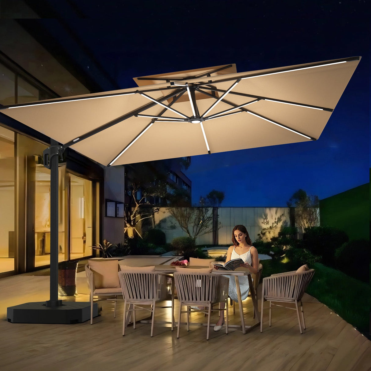 Patioslife Aegis,Cantilever Parasol,LED Strip Lights,Fibreglass Ribs,Powder-Coated Aluminium Pole,Luxury Garden Shade,Patio Umbrella,Outdoor Sunshade,Modern Outdoor Furniture,Weatherproof,UV Protection,Adjustable Angle,Contemporary Design,Premium Outdoor Living