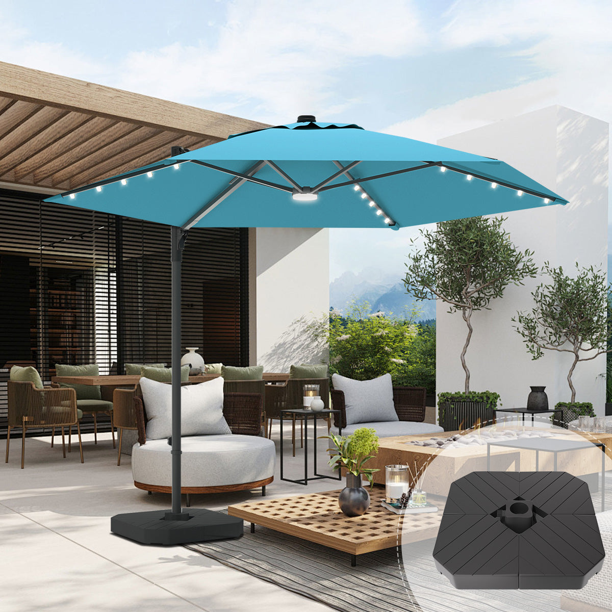 Patioslife Aegis Pro™,Round Cantilever Parasol,All-in-One Shade,Solar LED Lights,Premium Protective Cover,Large Base,Patio Umbrella,Garden Parasol,Outdoor Sunshade,Weatherproof,UV Protection,Adjustable Angle,Modern Outdoor Furniture,Luxury Patio Accessory,Contemporary Design,Premium Outdoor Living
,sky blue,base