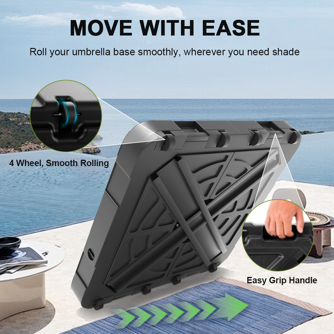 Patioslife™ Cantilever Parasol Base 115–200kg, Heavy-Duty Outdoor Rolling Stand, Refillable HDPE Offset Weights with Wheels for Patio, Garden & Poolside Stability