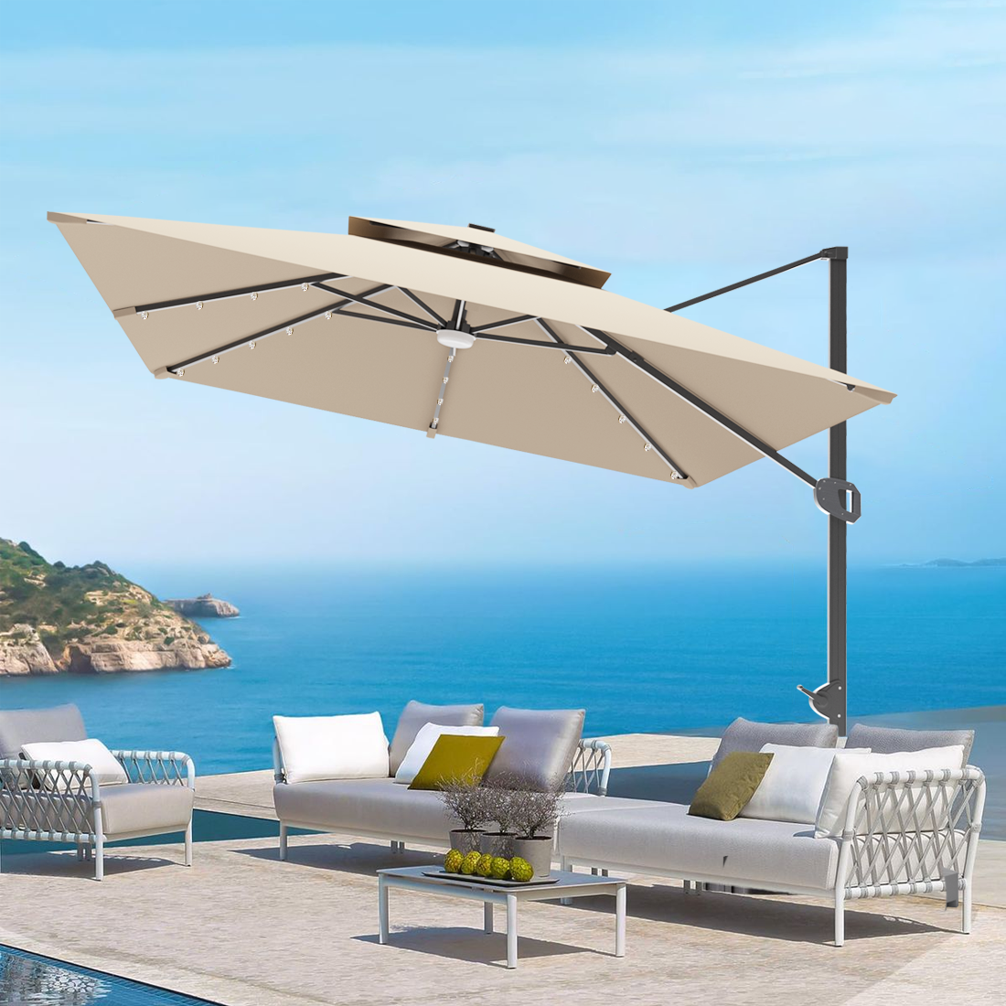 Patioslife Aegis Pro™ Cantilever Parasol with LED Lights, Reinforced & Powder-Coated Aluminium Ribs and Pole — Perfect for Garden & Patio