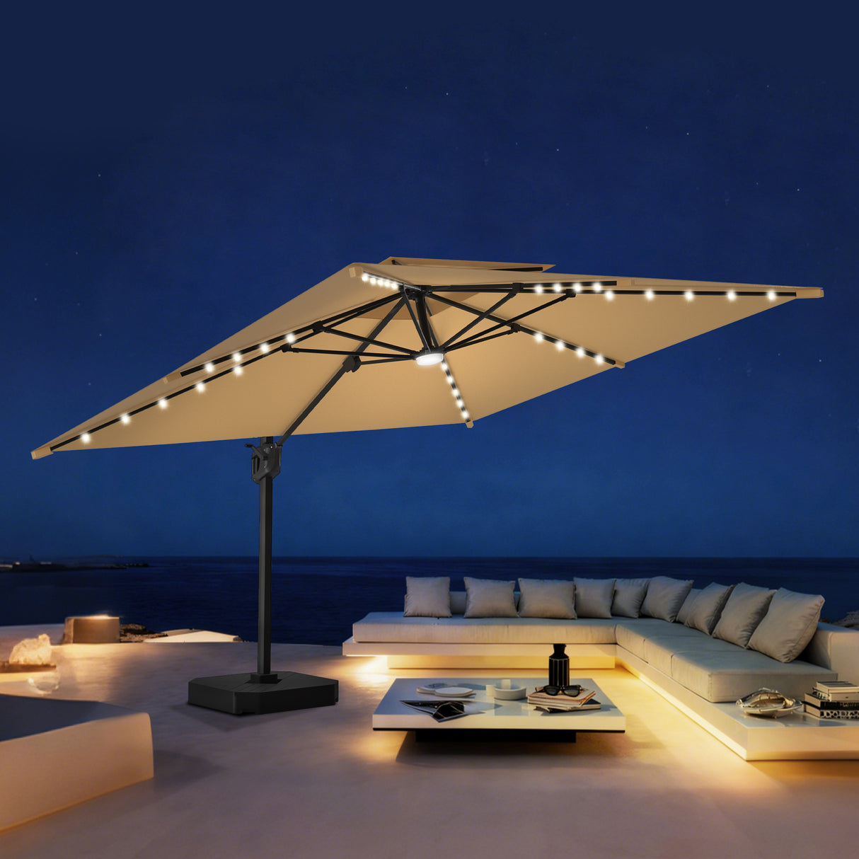 Patioslife Aegis Pro All-weather Cantilever Parasol with LED Lights, Reinforced & Powder-Coated Aluminium Ribs and Pole — Perfect for Garden & Patio