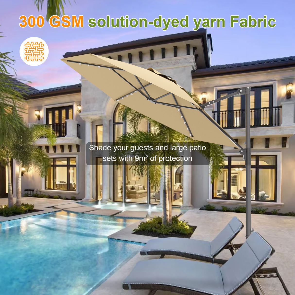 Patioslife Aegis Pro™,Round Cantilever Parasol,All-in-One Shade,Solar LED Lights,Premium Protective Cover,Large Base,Patio Umbrella,Garden Parasol,Outdoor Sunshade,Weatherproof,UV Protection,Adjustable Angle,Modern Outdoor Furniture,Luxury Patio Accessory,Contemporary Design,Premium Outdoor Living
,360 GSM solution-dyed yarn fabric