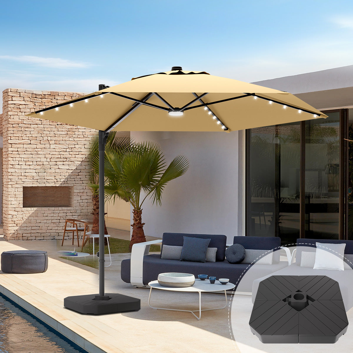 Patioslife Aegis Pro™,Round Cantilever Parasol,All-in-One Shade,Solar LED Lights,Premium Protective Cover,Large Base,Patio Umbrella,Garden Parasol,Outdoor Sunshade,Weatherproof,UV Protection,Adjustable Angle,Modern Outdoor Furniture,Luxury Patio Accessory,Contemporary Design,Premium Outdoor Living
,tan