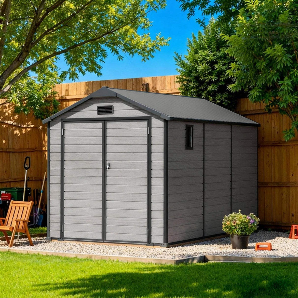 Outdoor Storage Shed with Floor Patioslife YardVault , All-Weather Waterproof Plastic Garden Shed in Resin with Lock and Window for Backyard, Heavy-Duty Storage Shed for Tools, Bikes & Lawn Equipment
