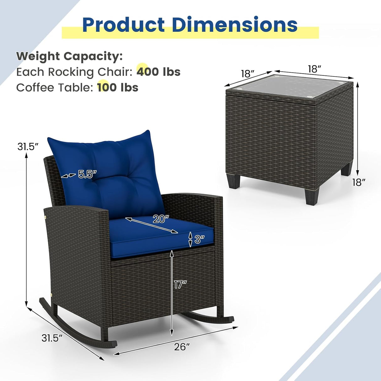 3-Piece Outdoor Wicker Rocking Chair Set – Patio Furniture with Soft Cushions & Glass Coffee Table – Rattan Bistro Set for Porch, Balcony, Garden, or Poolside