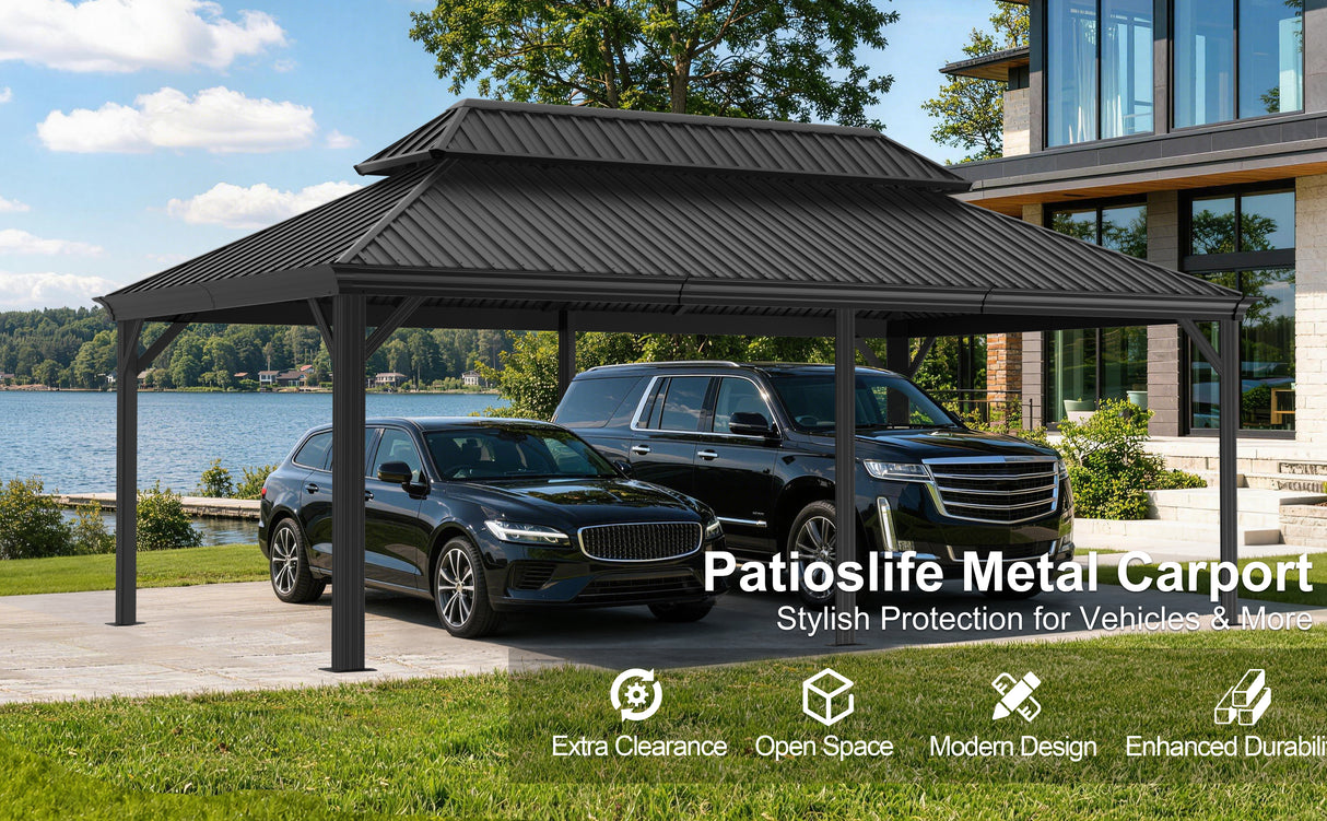 Patioslife Aluminium Carport with Steel Roof – Weatherproof Canopy for Cars, Motorbikes & Campervans