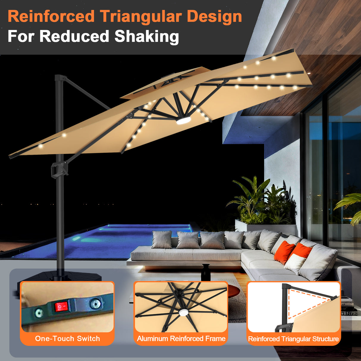Patioslife Aegis Pro All-weather Cantilever Parasol with LED Lights, Reinforced & Powder-Coated Aluminium Ribs and Pole — Perfect for Garden & Patio