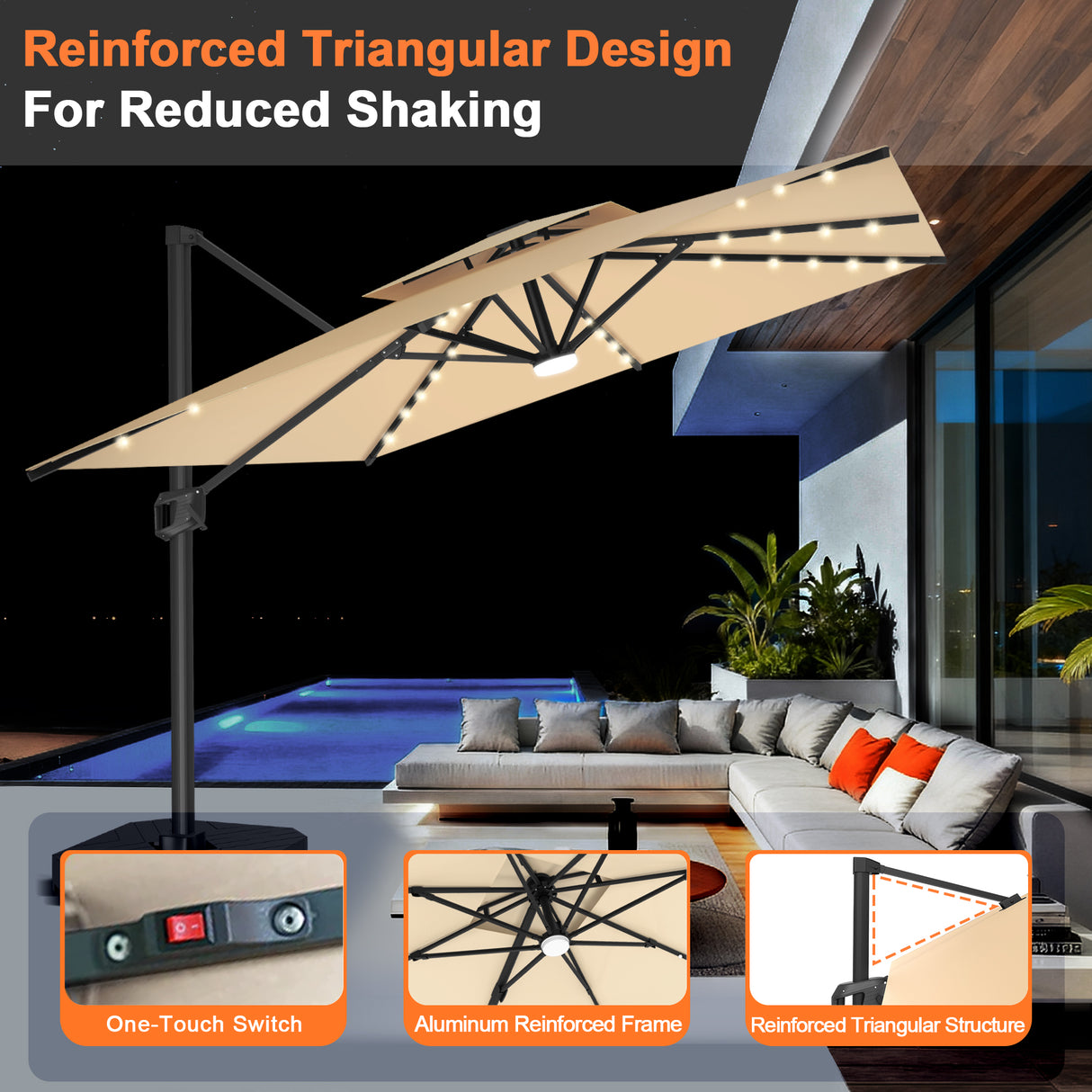 Patioslife Aegis Pro All-weather Cantilever Parasol with LED Lights, Reinforced & Powder-Coated Aluminium Ribs and Pole — Perfect for Garden & Patio
