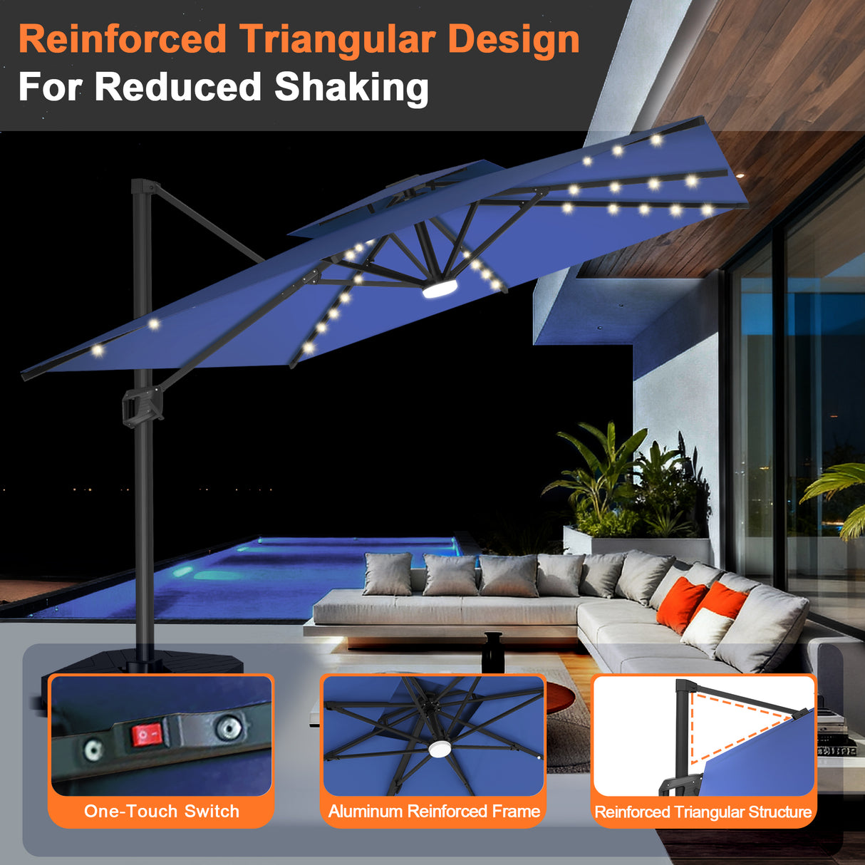 Patioslife Aegis Pro All-weather Cantilever Parasol with LED Lights, Reinforced & Powder-Coated Aluminium Ribs and Pole — Perfect for Garden & Patio